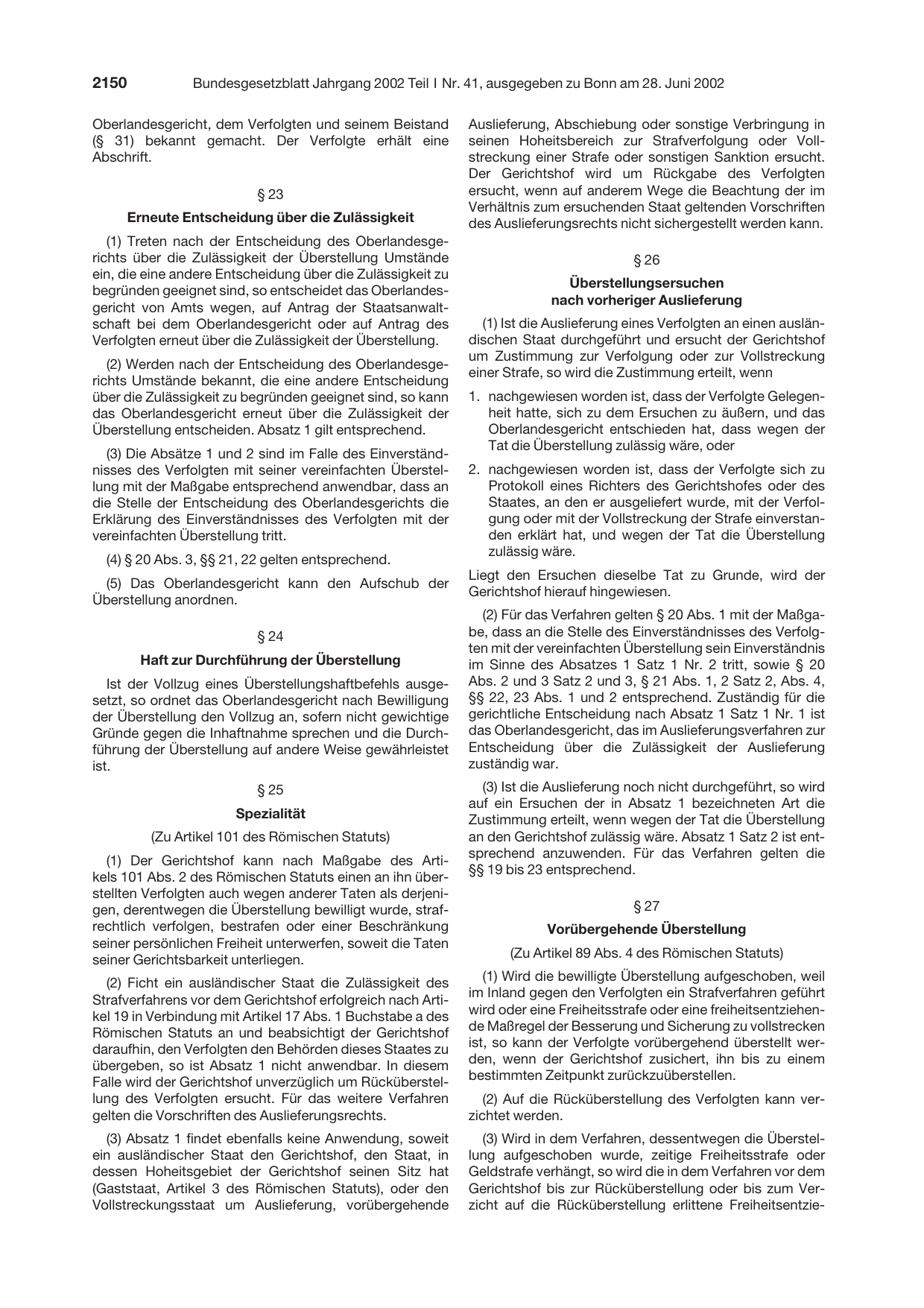 BGBl. 2002, Seite 2150 — Originalseite als Abbildung