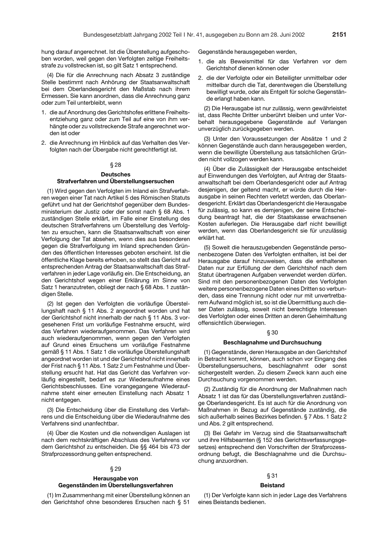 BGBl. 2002, Seite 2151 — Originalseite als Abbildung