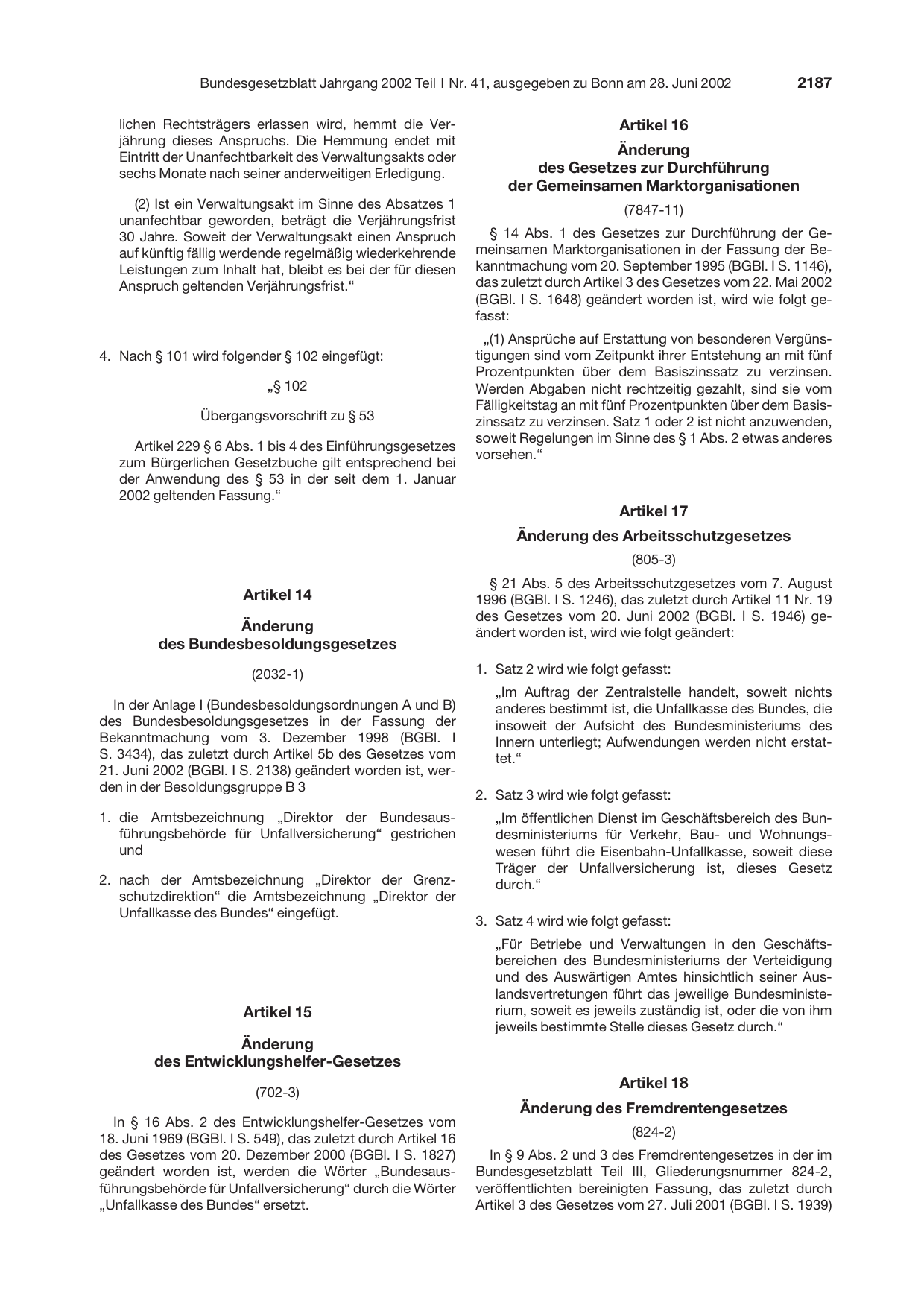 BGBl. 2002, Seite 2187 — Originalseite als Abbildung