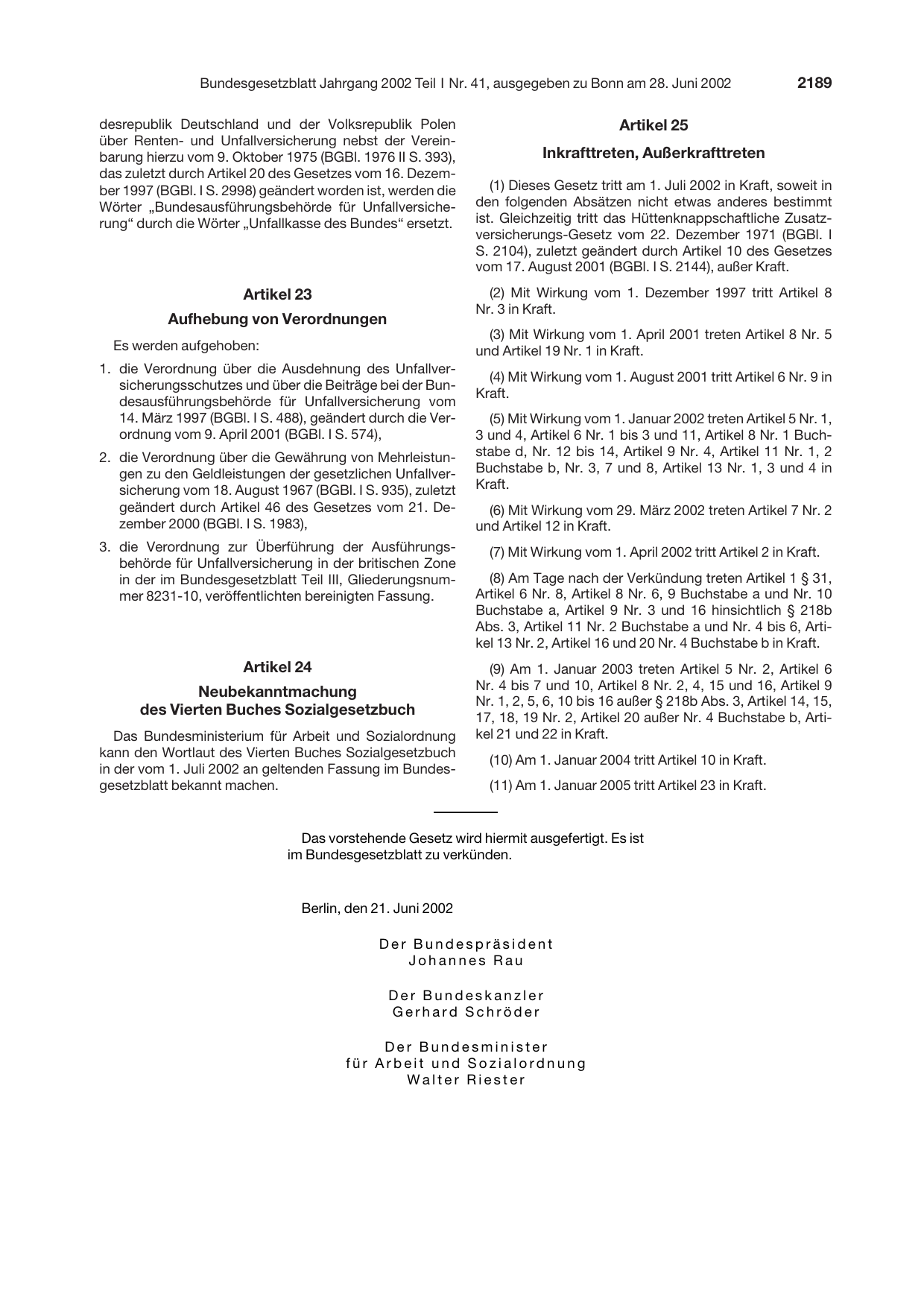 BGBl. 2002, Seite 2189 — Originalseite als Abbildung