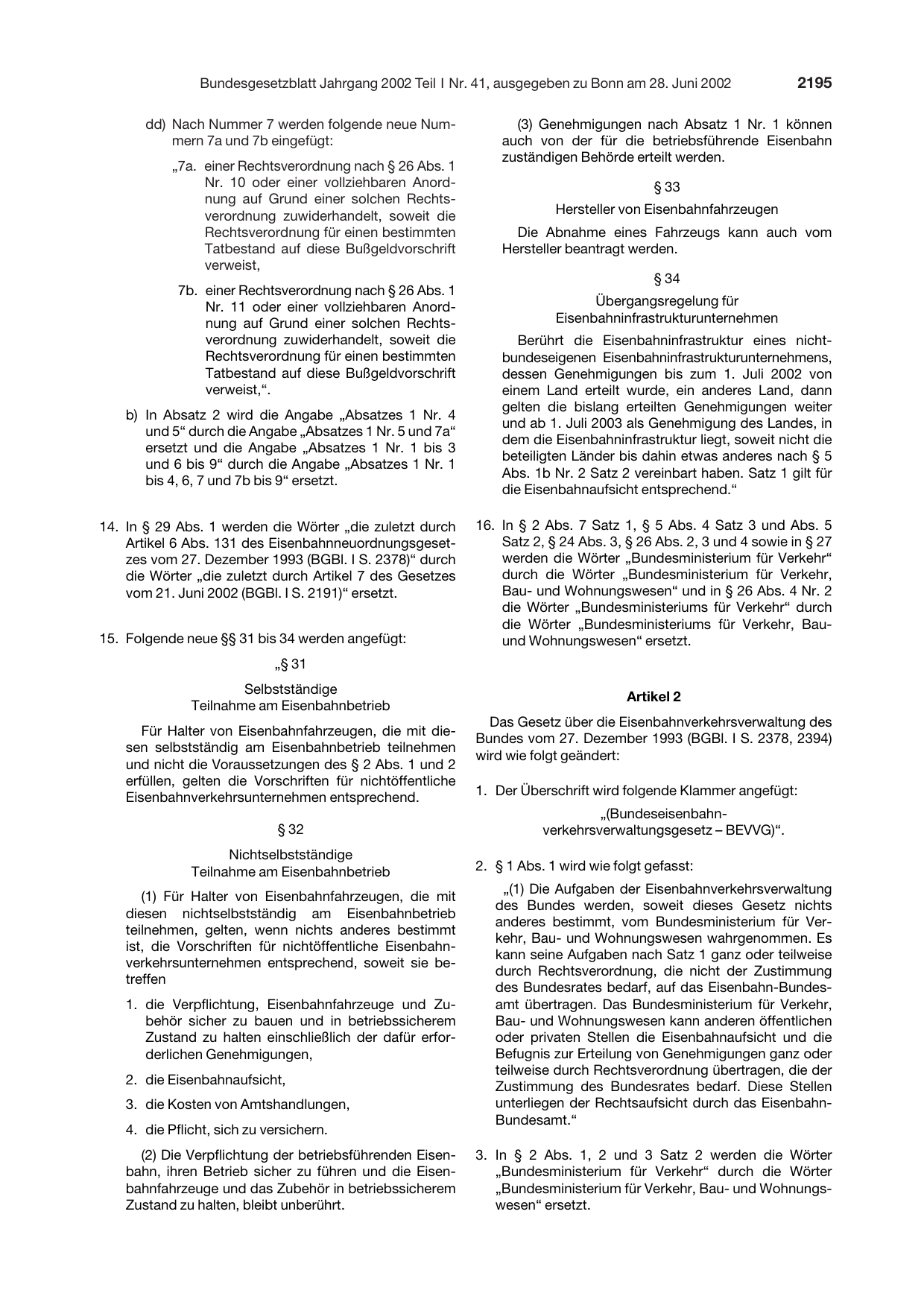 BGBl. 2002, Seite 2195 — Originalseite als Abbildung