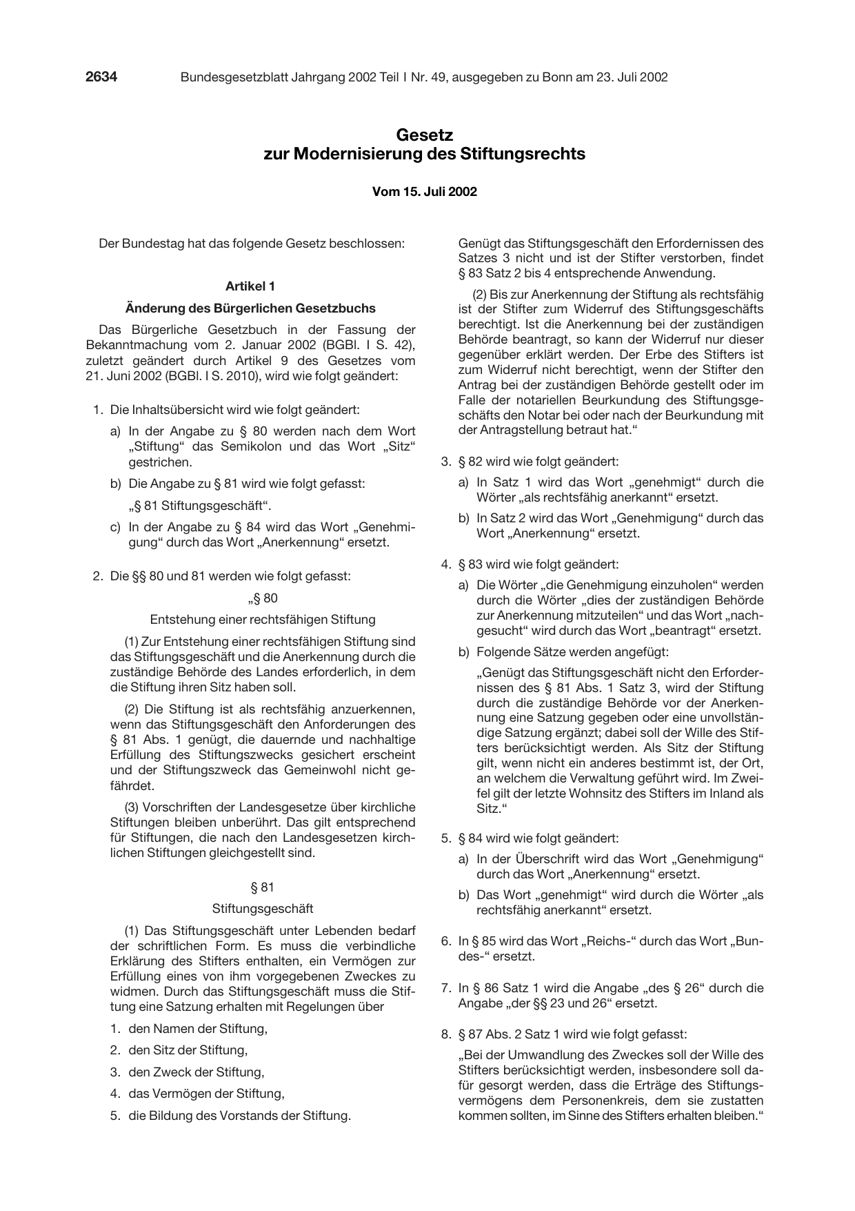 BGBl. 2002, Seite 2634 — Originalseite als Abbildung