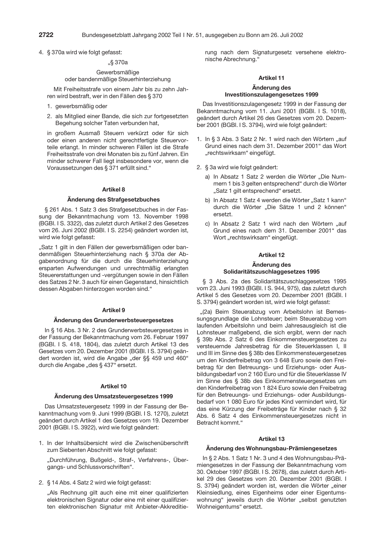 BGBl. 2002, Seite 2722 — Originalseite als Abbildung