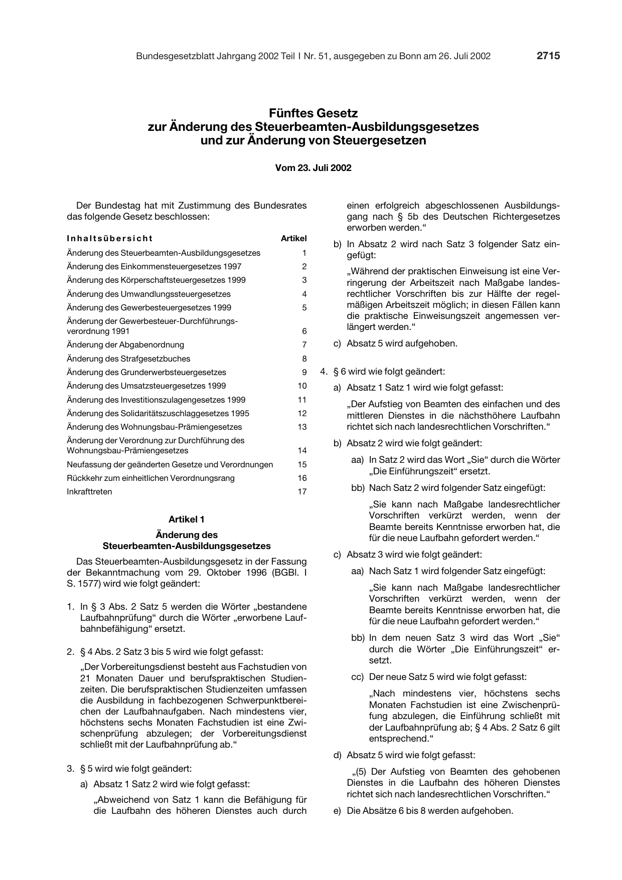 BGBl. 2002, Seite 2715 — Originalseite als Abbildung