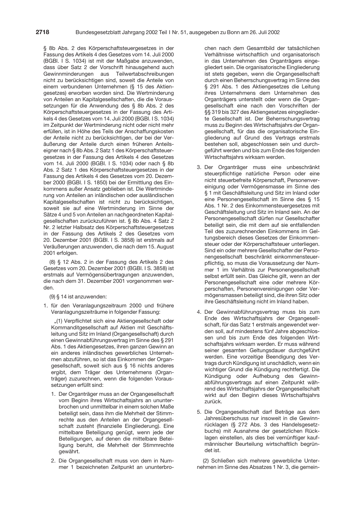 BGBl. 2002, Seite 2718 — Originalseite als Abbildung
