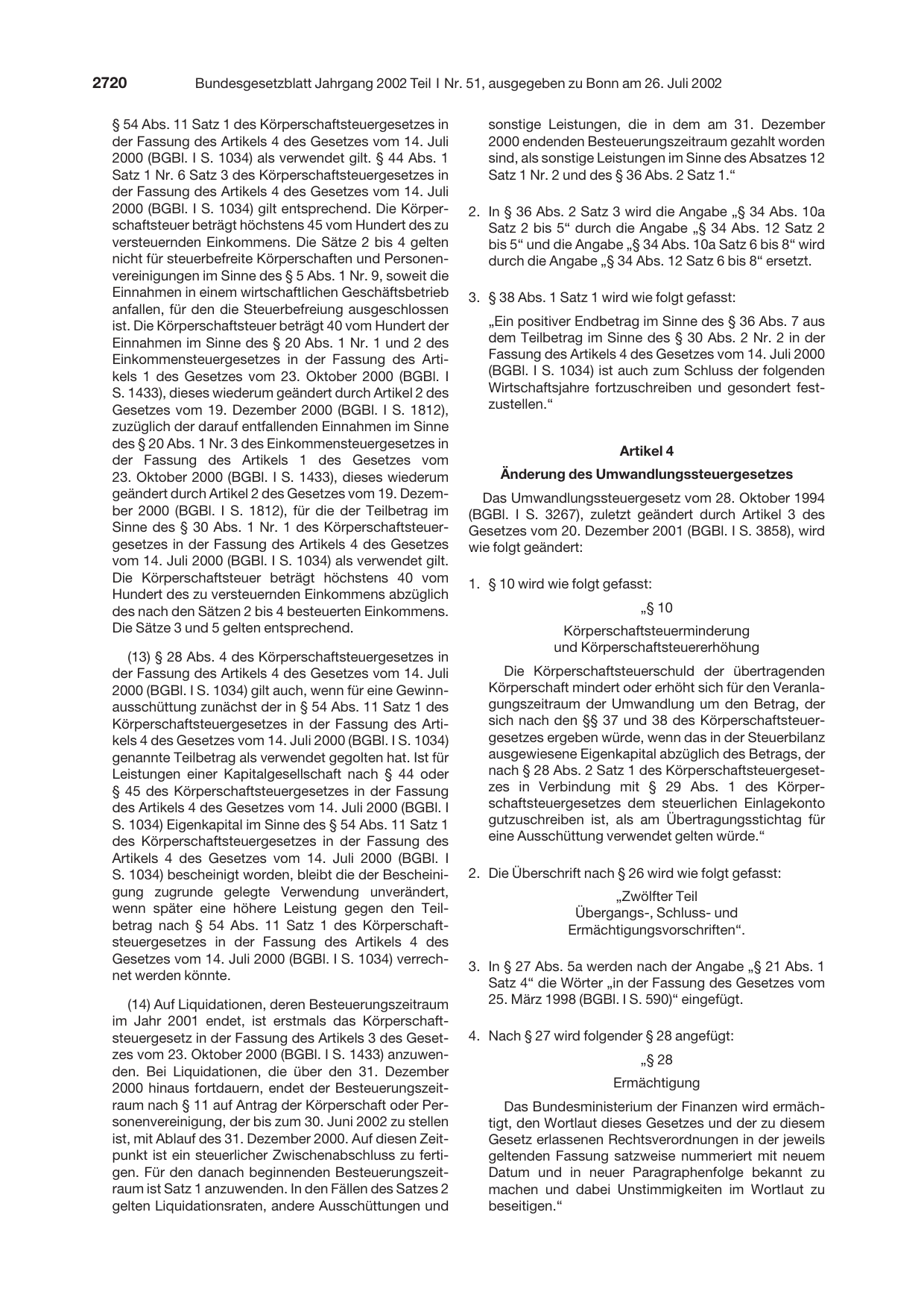 BGBl. 2002, Seite 2720 — Originalseite als Abbildung