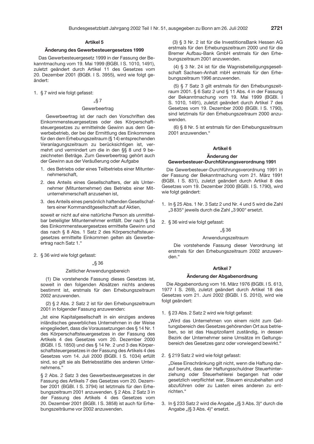 BGBl. 2002, Seite 2721 — Originalseite als Abbildung