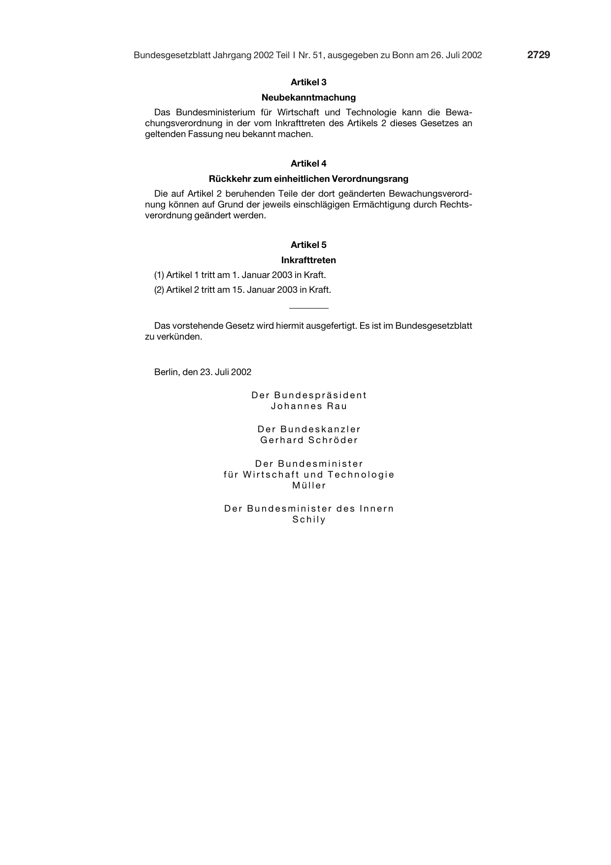 BGBl. 2002, Seite 2729 — Originalseite als Abbildung