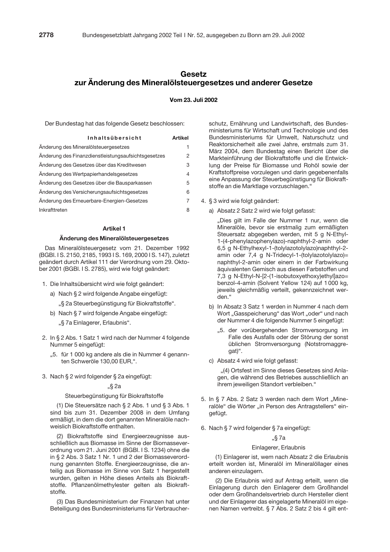 BGBl. 2002, Seite 2778 — Originalseite als Abbildung