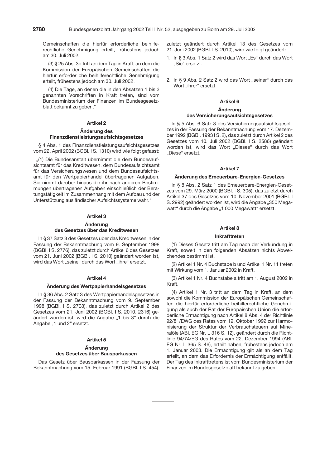 BGBl. 2002, Seite 2780 — Originalseite als Abbildung