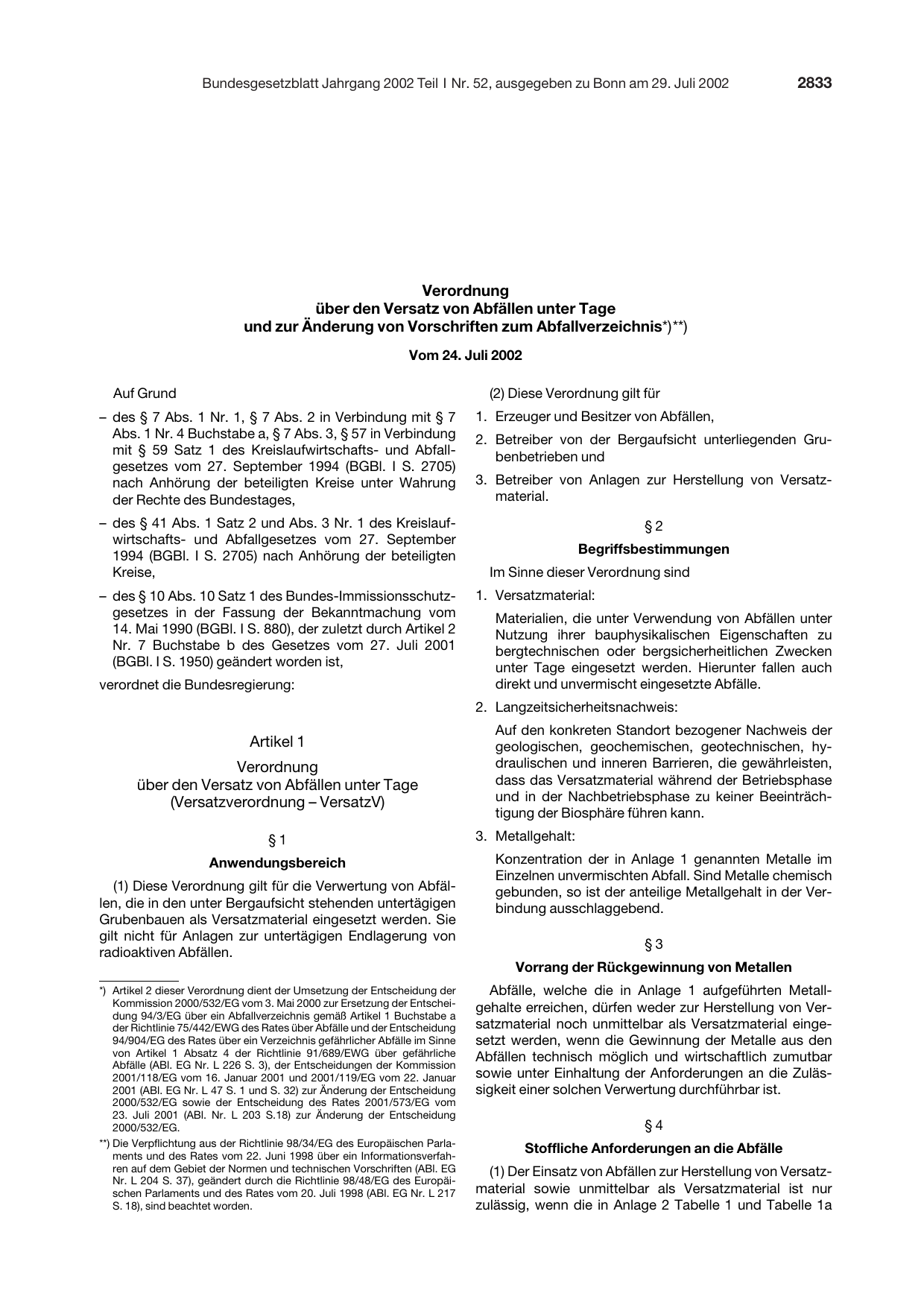 BGBl. 2002, Seite 2833 — Originalseite als Abbildung