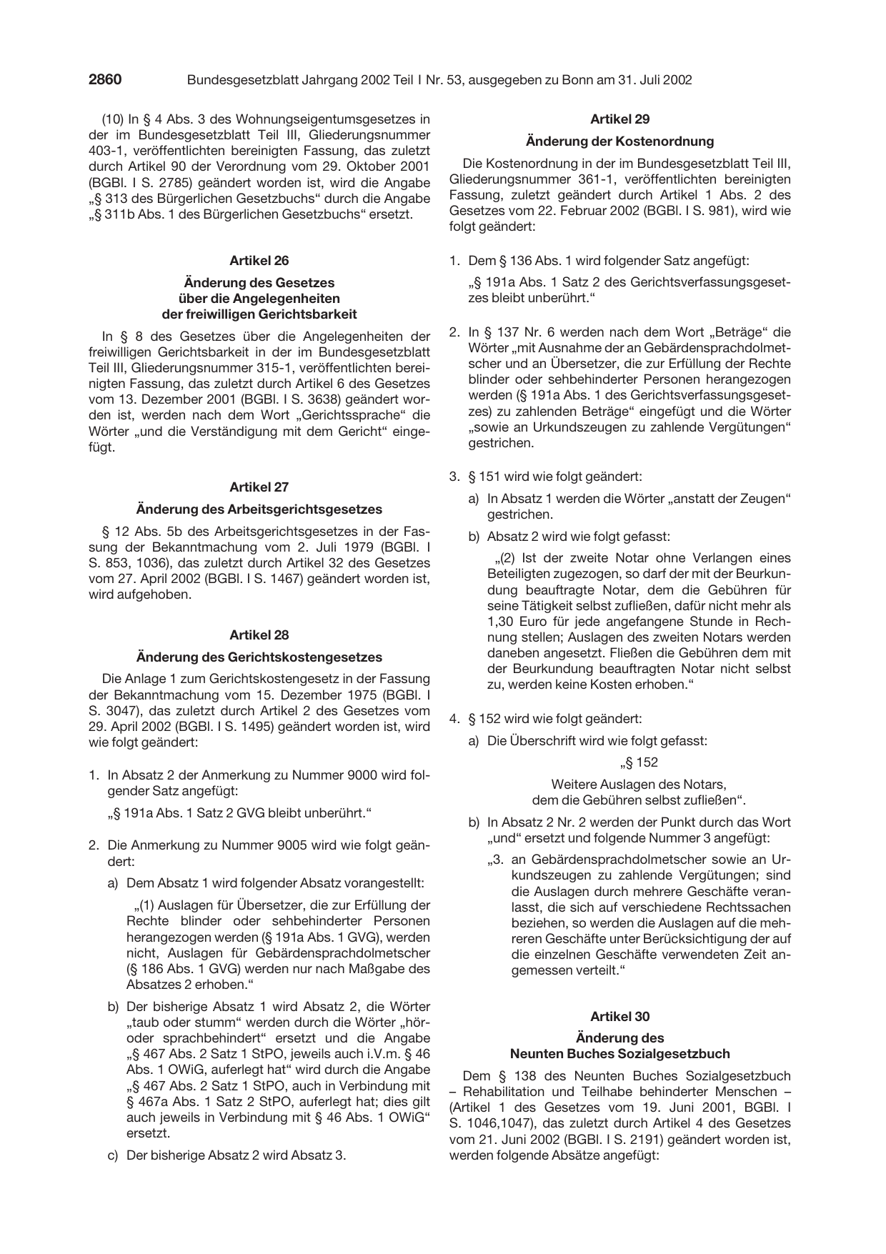 BGBl. 2002, Seite 2860 — Originalseite als Abbildung