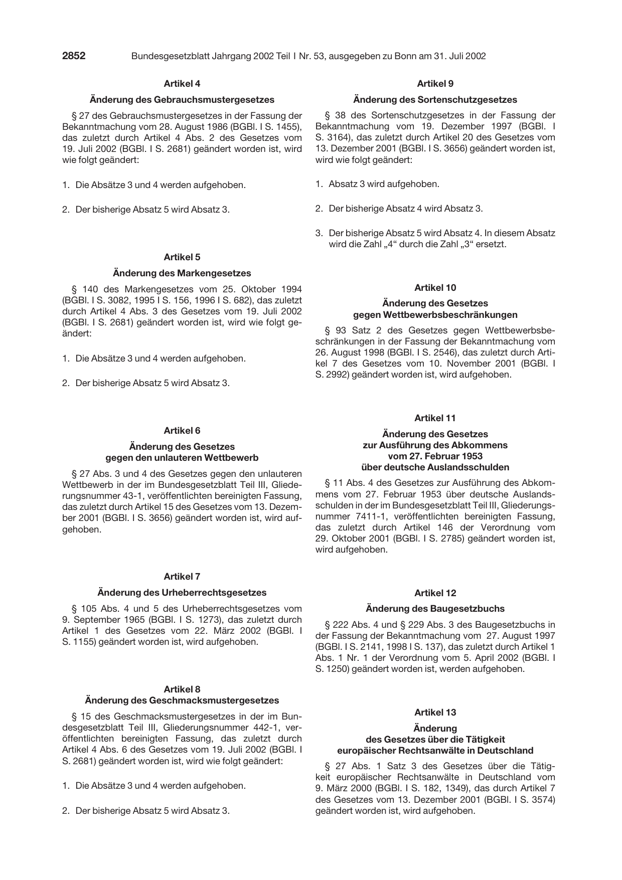 BGBl. 2002, Seite 2852 — Originalseite als Abbildung