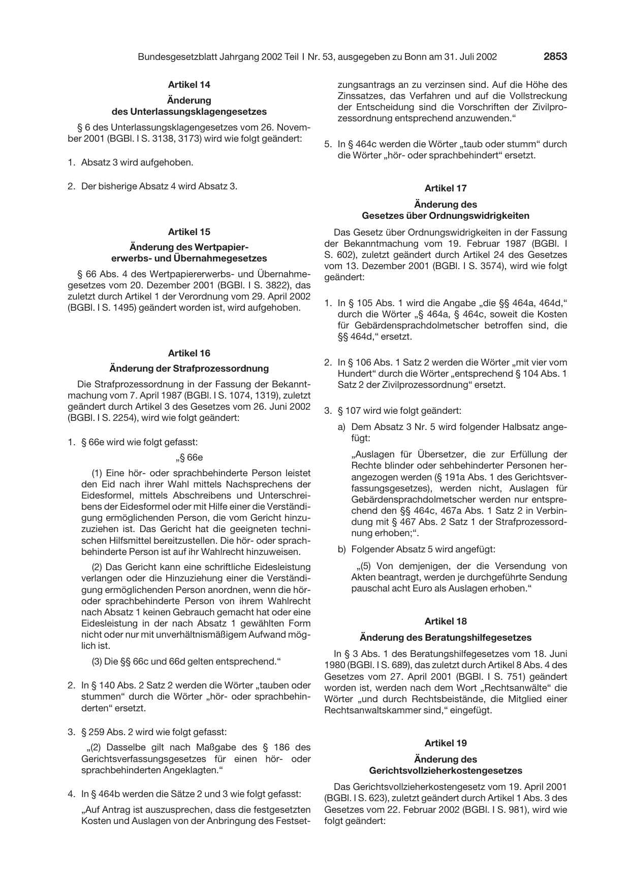 BGBl. 2002, Seite 2853 — Originalseite als Abbildung