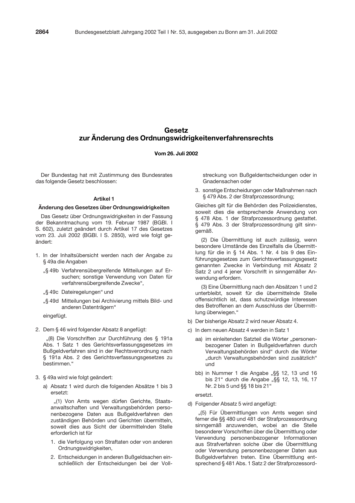 BGBl. 2002, Seite 2864 — Originalseite als Abbildung