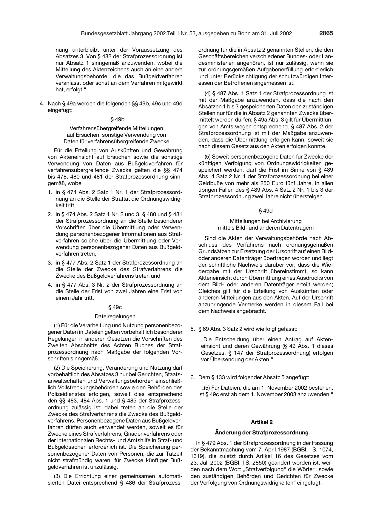 BGBl. 2002, Seite 2865 — Originalseite als Abbildung