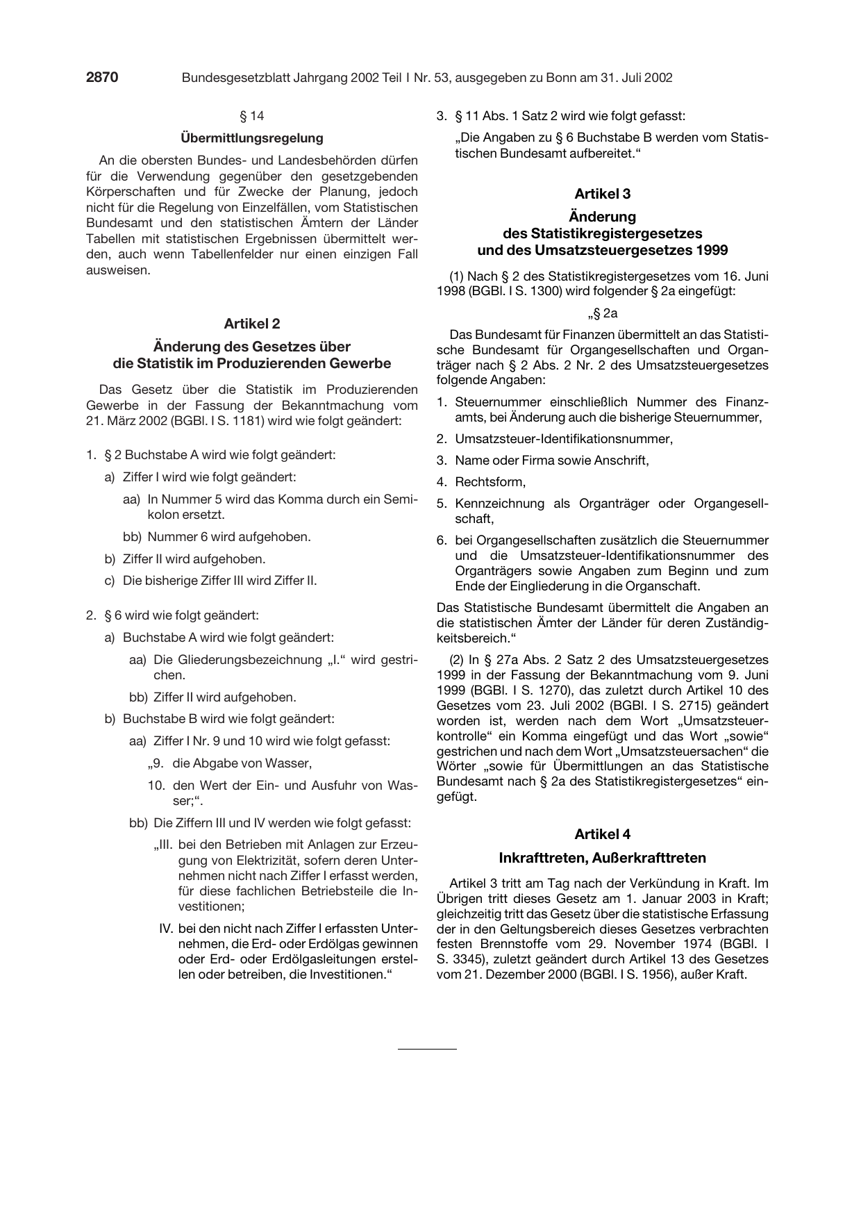 BGBl. 2002, Seite 2870 — Originalseite als Abbildung