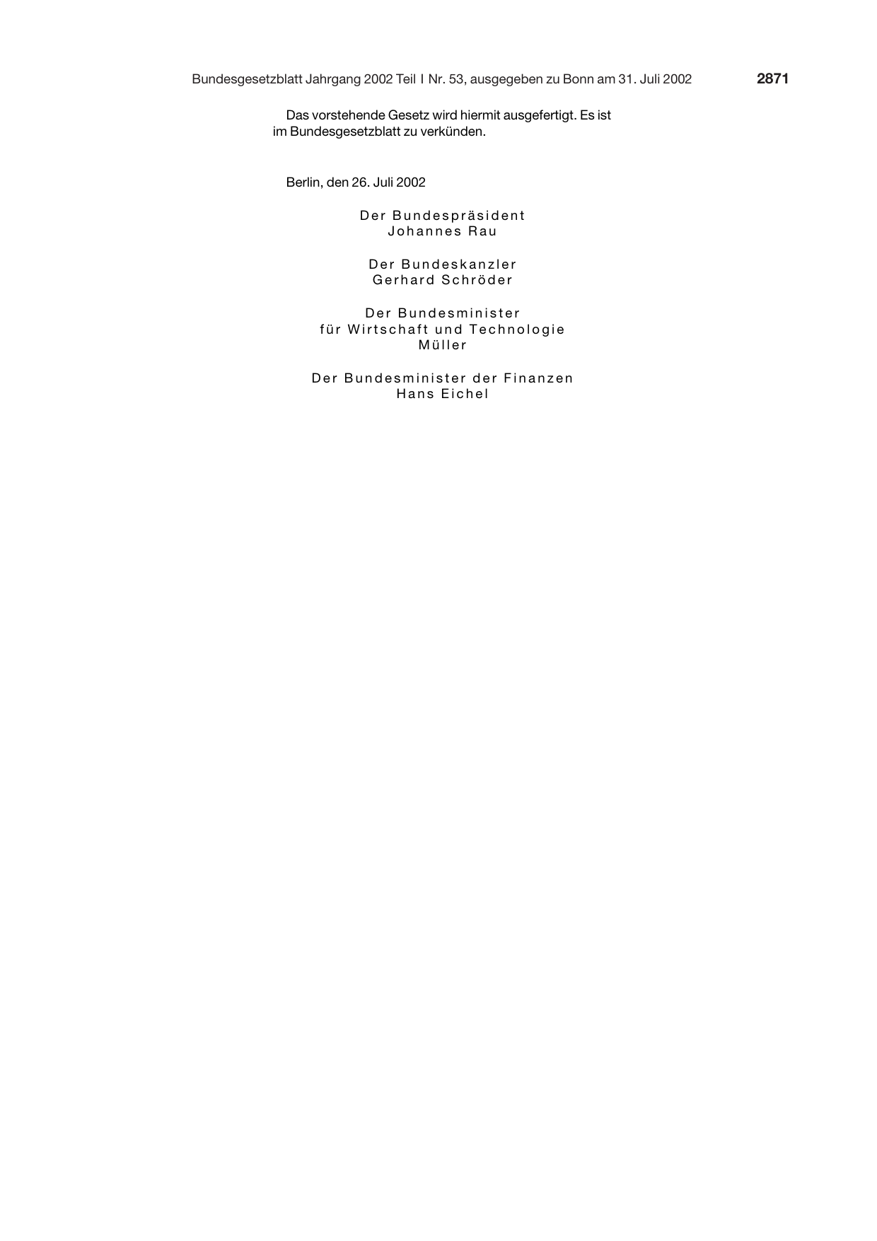 BGBl. 2002, Seite 2871 — Originalseite als Abbildung