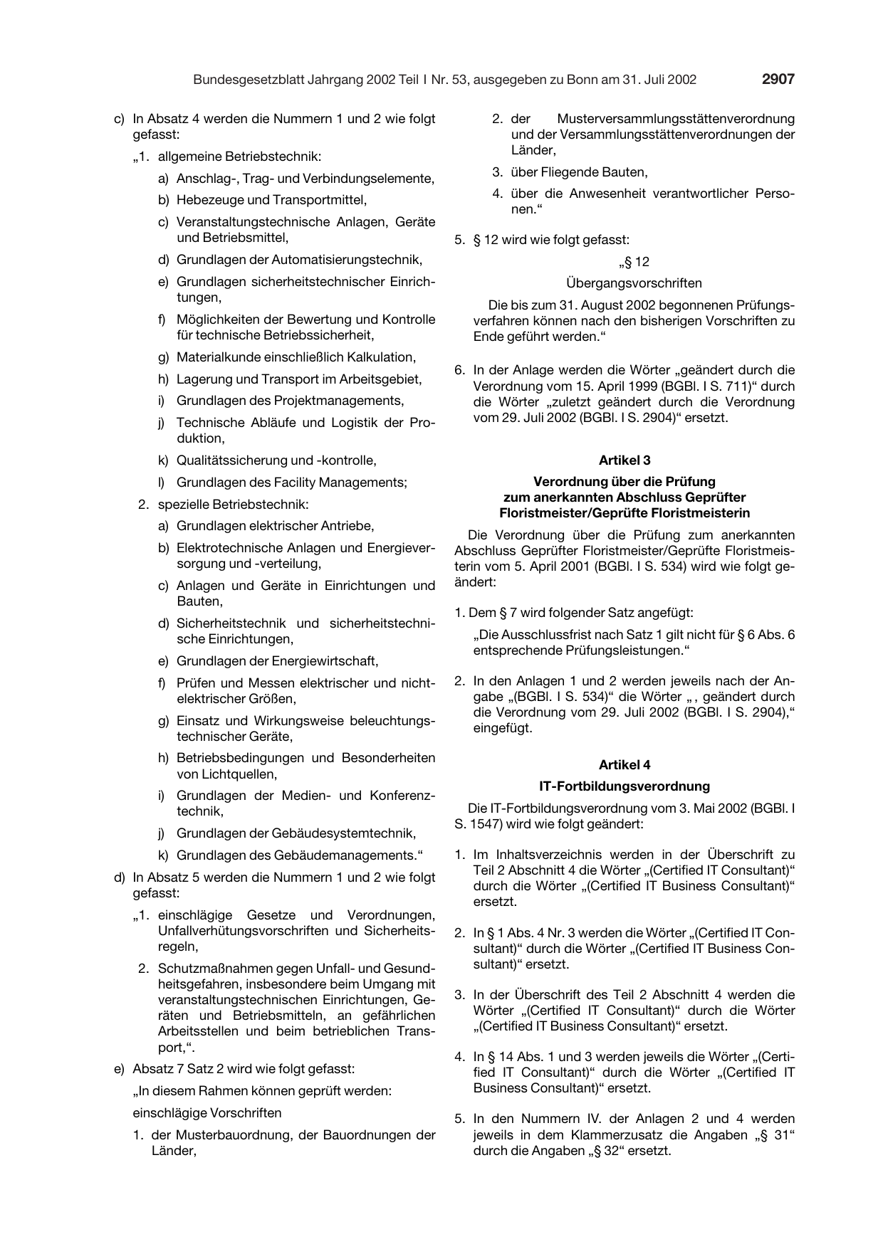 BGBl. 2002, Seite 2907 — Originalseite als Abbildung