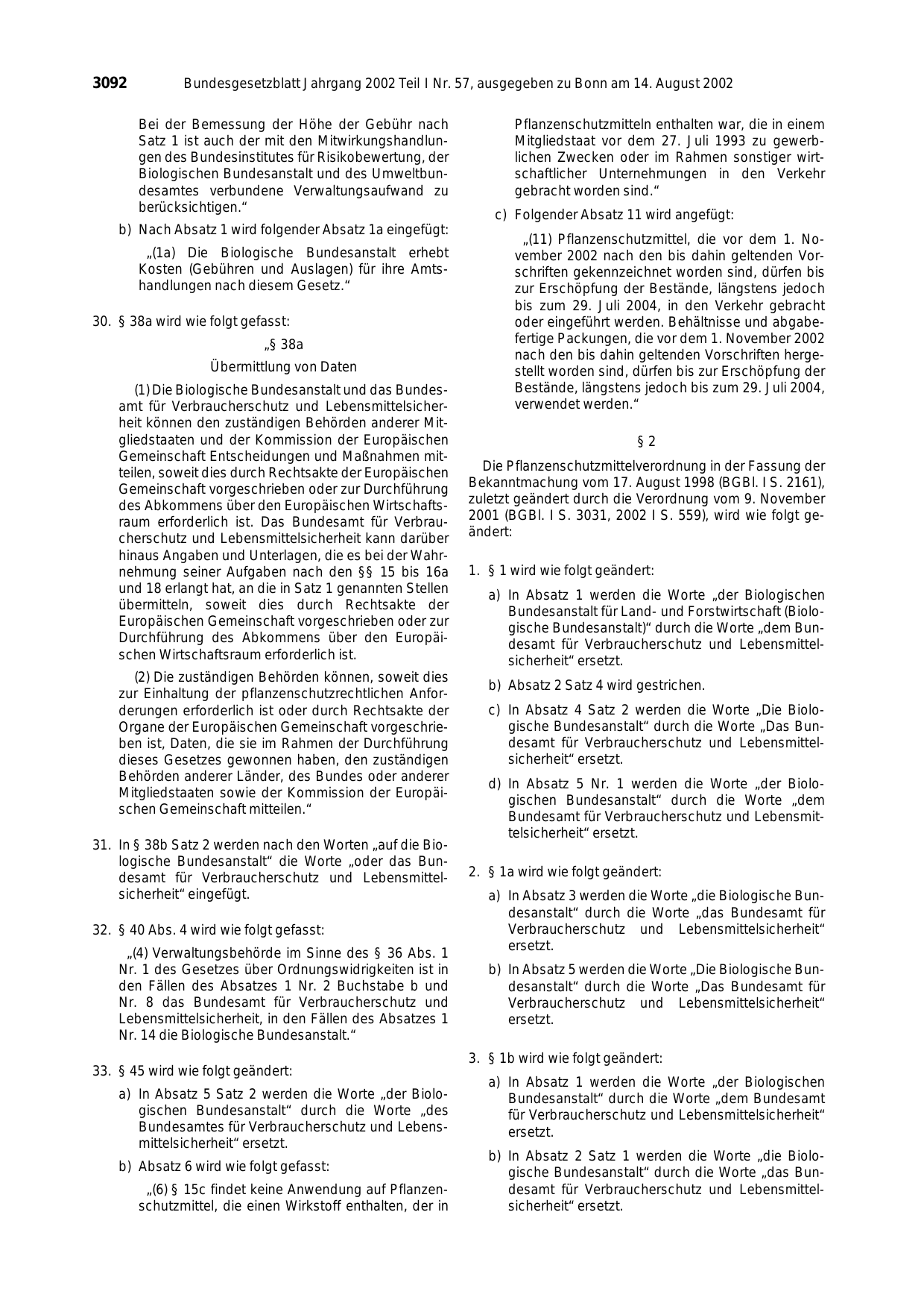 BGBl. 2002, Seite 3092 — Originalseite als Abbildung