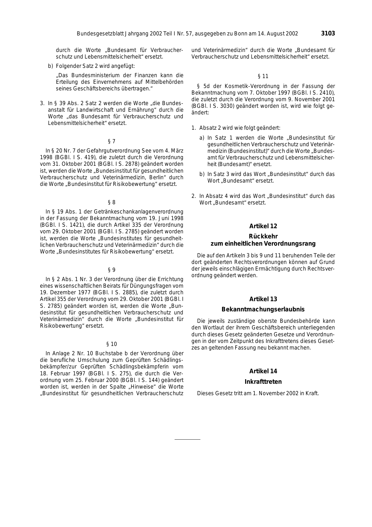 BGBl. 2002, Seite 3103 — Originalseite als Abbildung