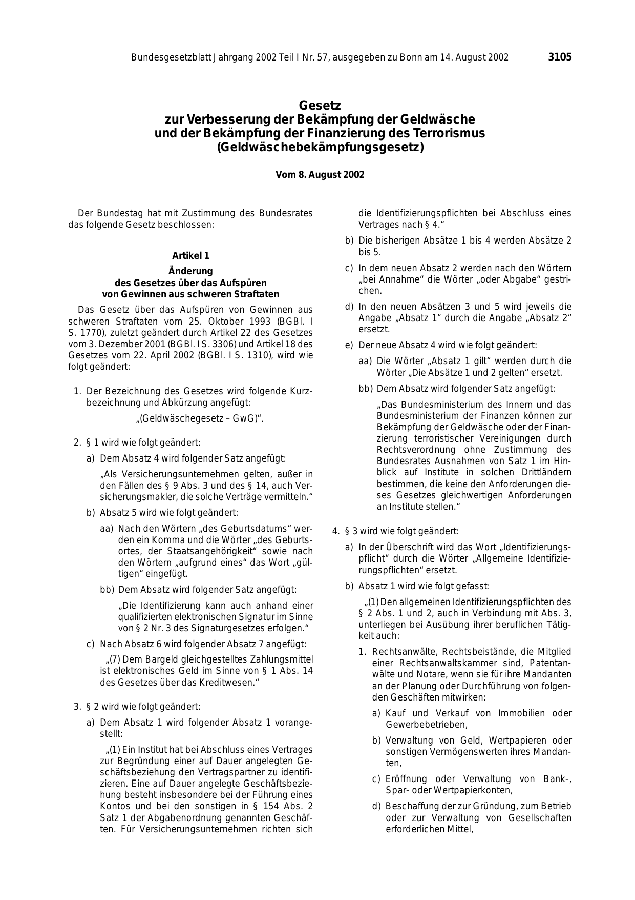 BGBl. 2002, Seite 3105 — Originalseite als Abbildung