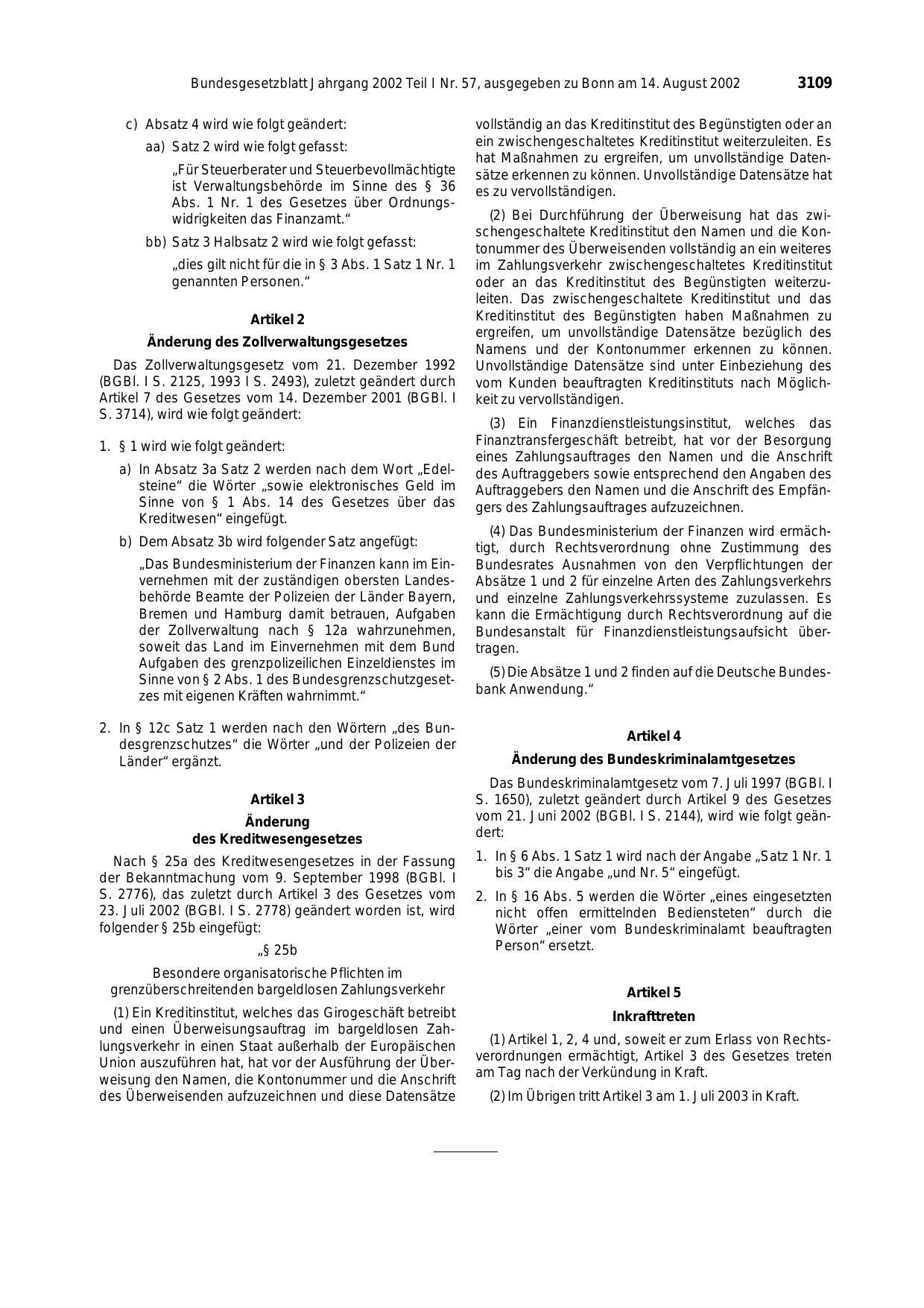 BGBl. 2002, Seite 3109 — Originalseite als Abbildung