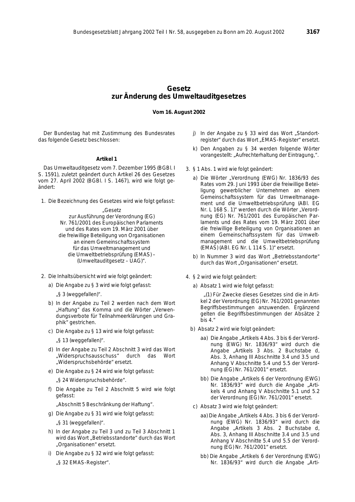 BGBl. 2002, Seite 3167 — Originalseite als Abbildung