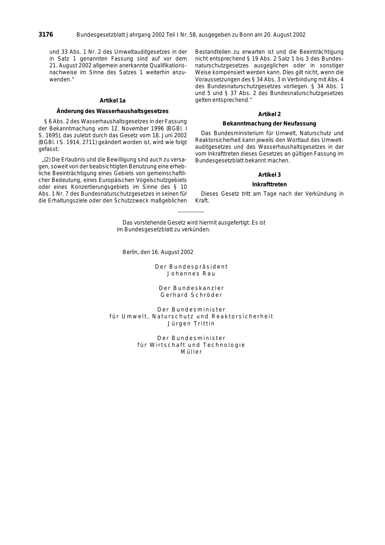 BGBl. 2002, Seite 3176 — Originalseite als Abbildung