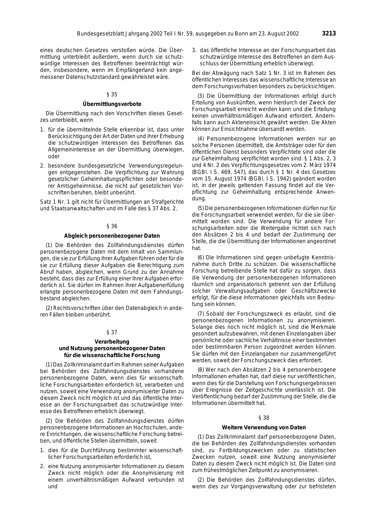 BGBl. 2002, Seite 3213 — Originalseite als Abbildung