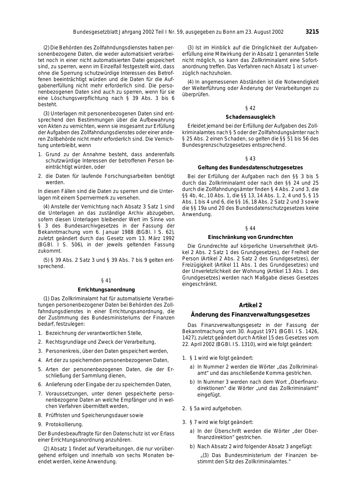 BGBl. 2002, Seite 3215 — Originalseite als Abbildung