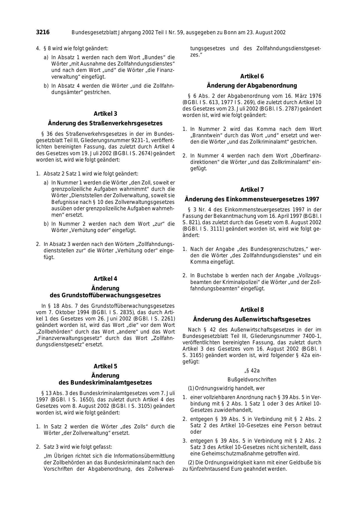 BGBl. 2002, Seite 3216 — Originalseite als Abbildung