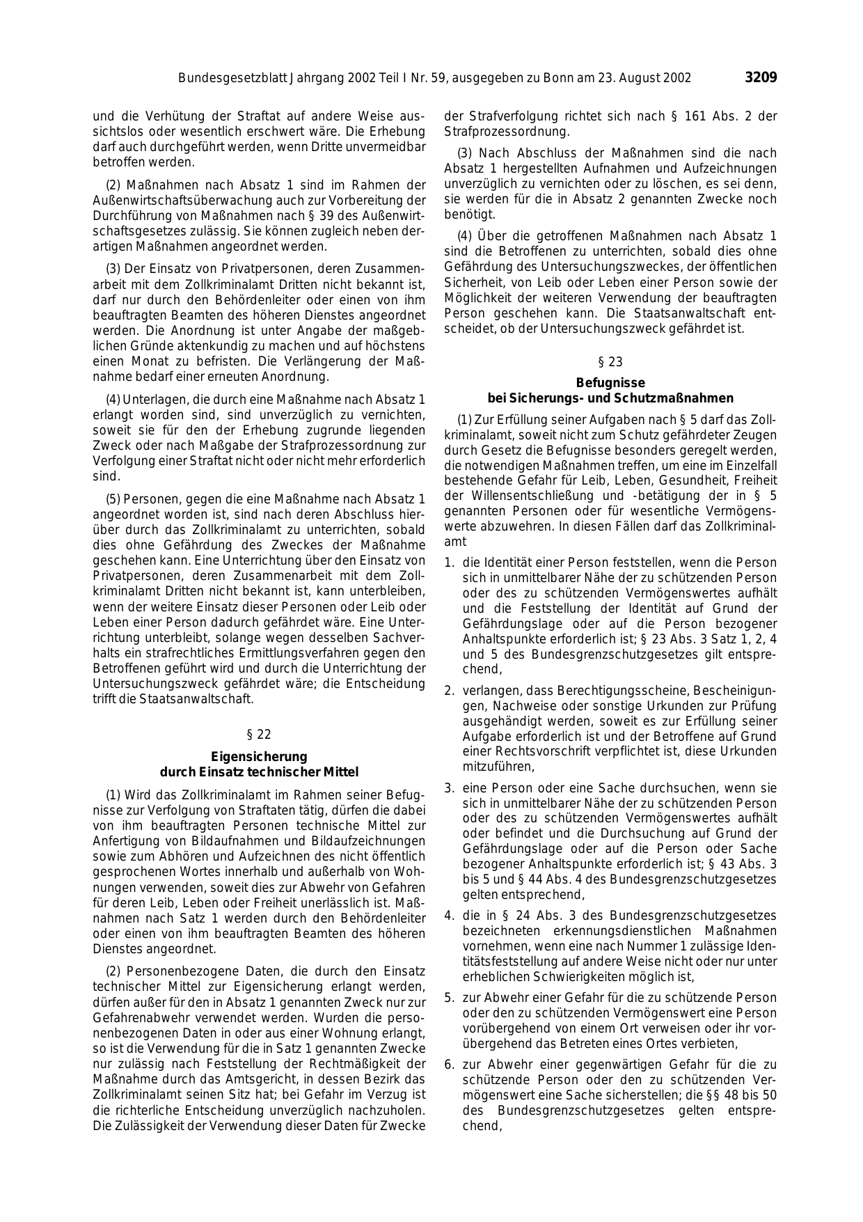 BGBl. 2002, Seite 3209 — Originalseite als Abbildung