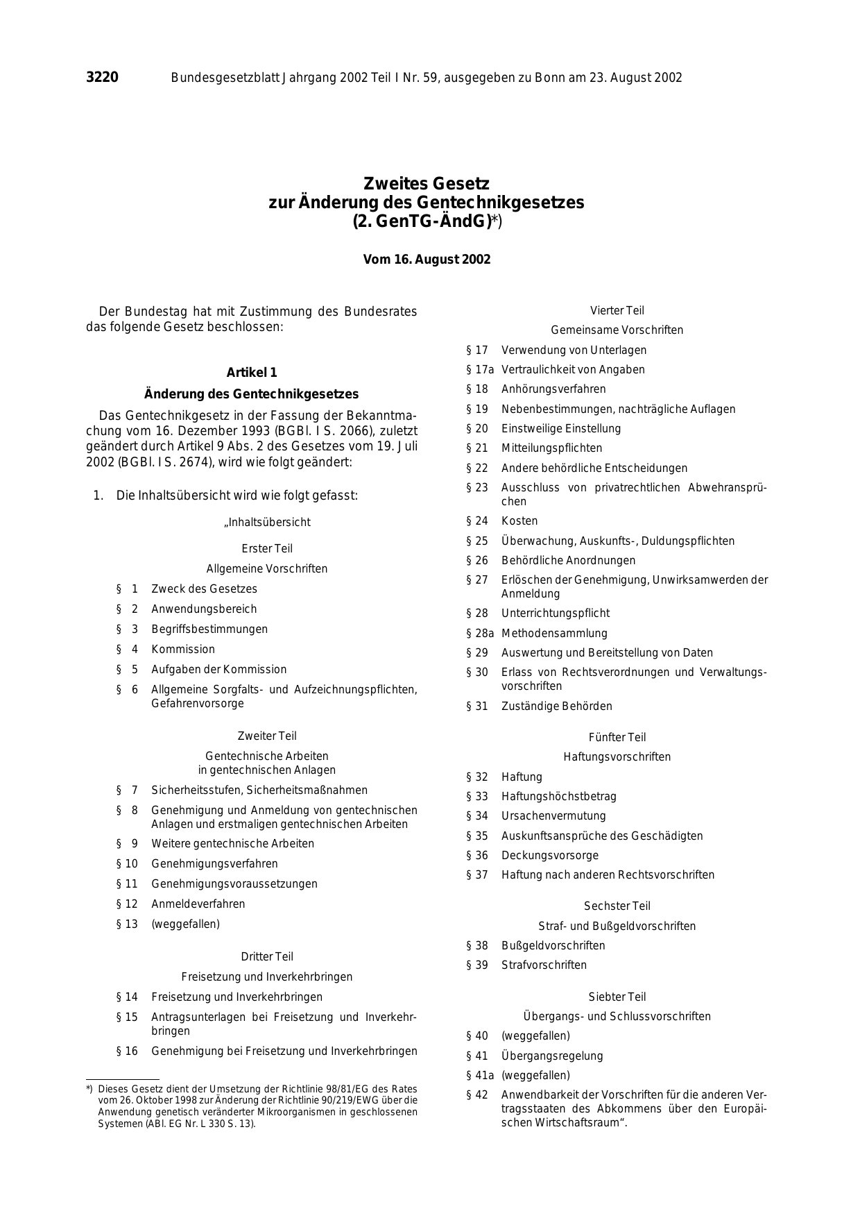 BGBl. 2002, Seite 3220 — Originalseite als Abbildung