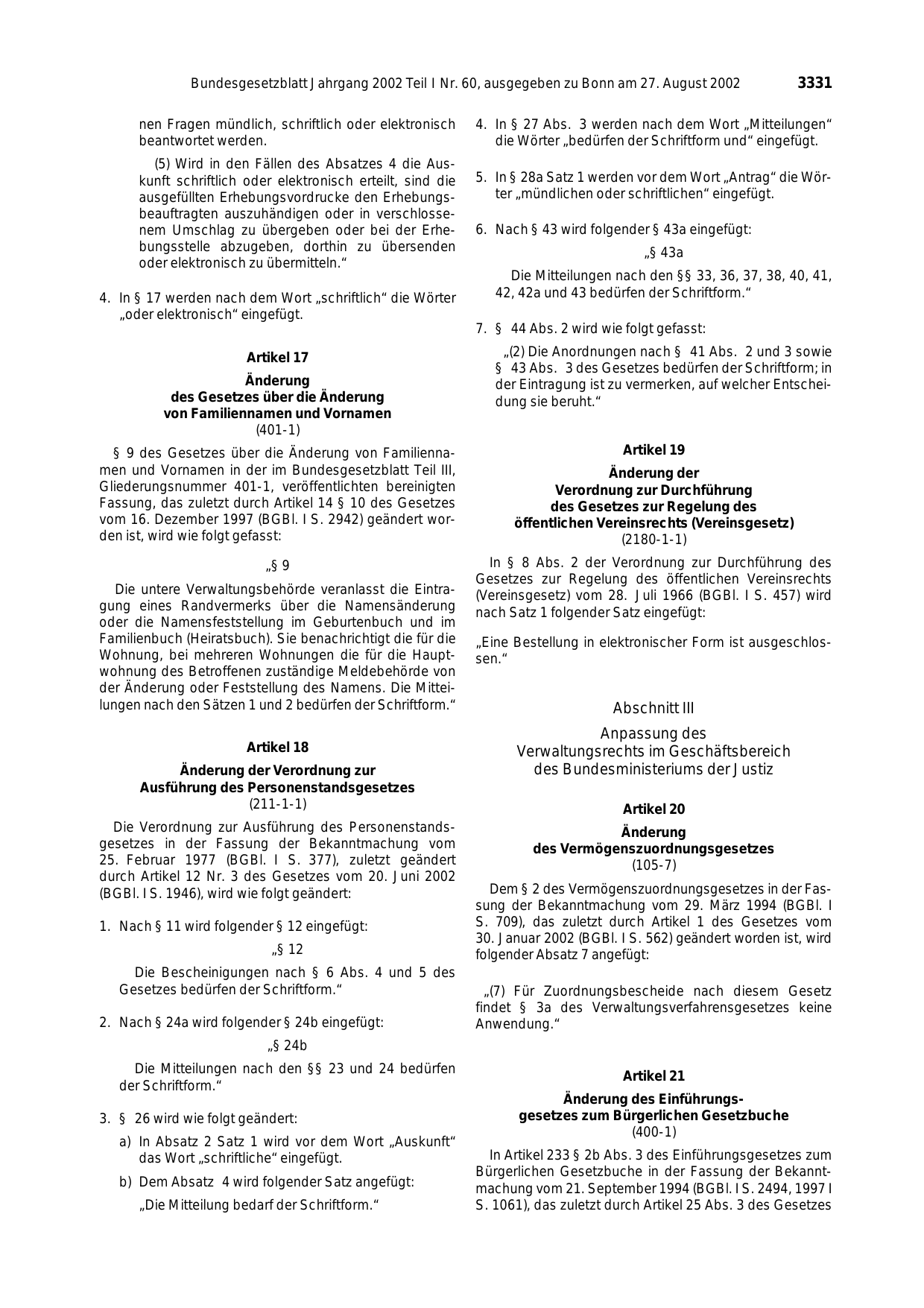 BGBl. 2002, Seite 3331 — Originalseite als Abbildung