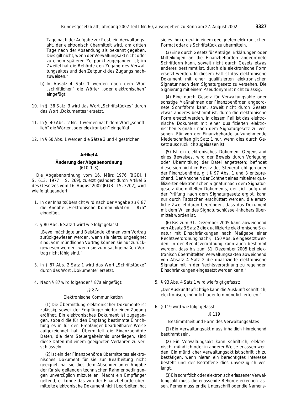 BGBl. 2002, Seite 3327 — Originalseite als Abbildung