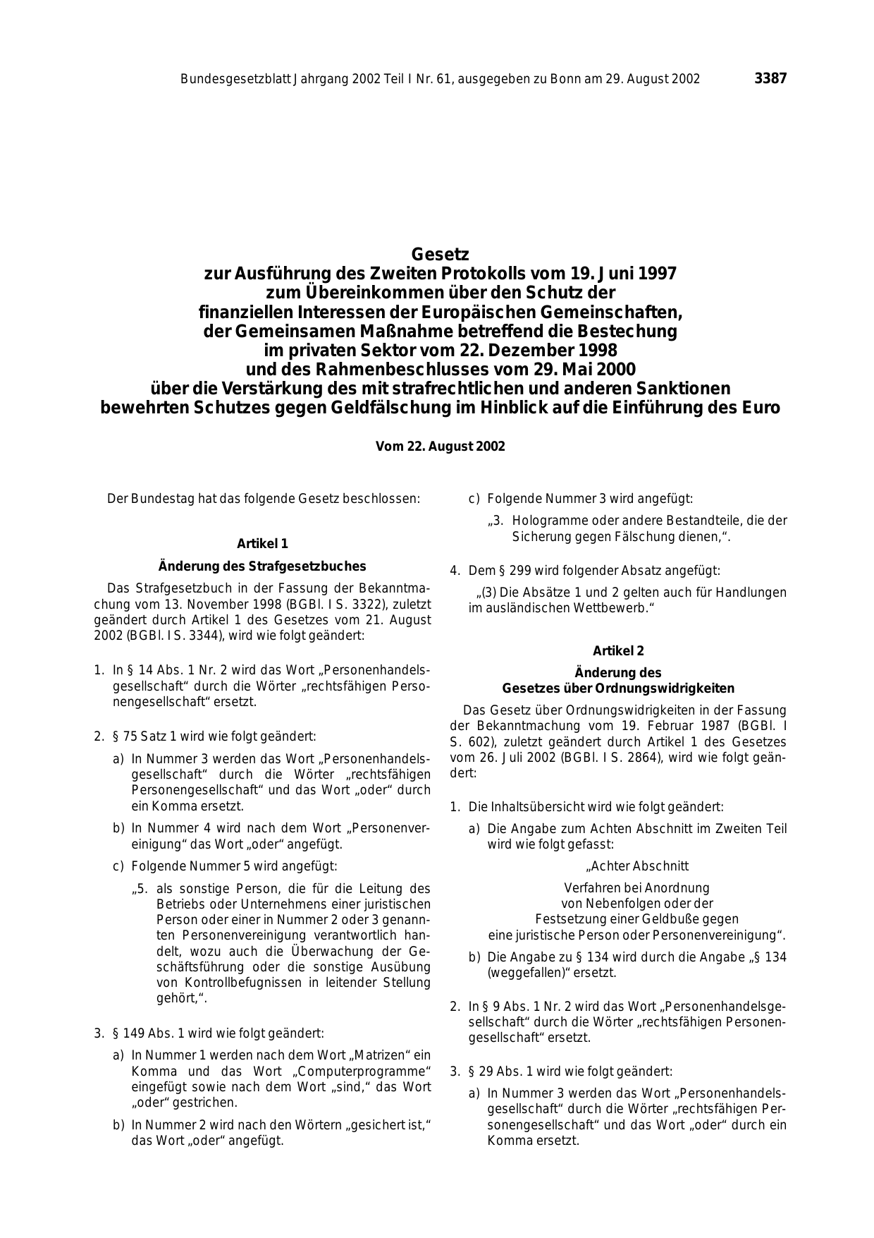BGBl. 2002, Seite 3387 — Originalseite als Abbildung