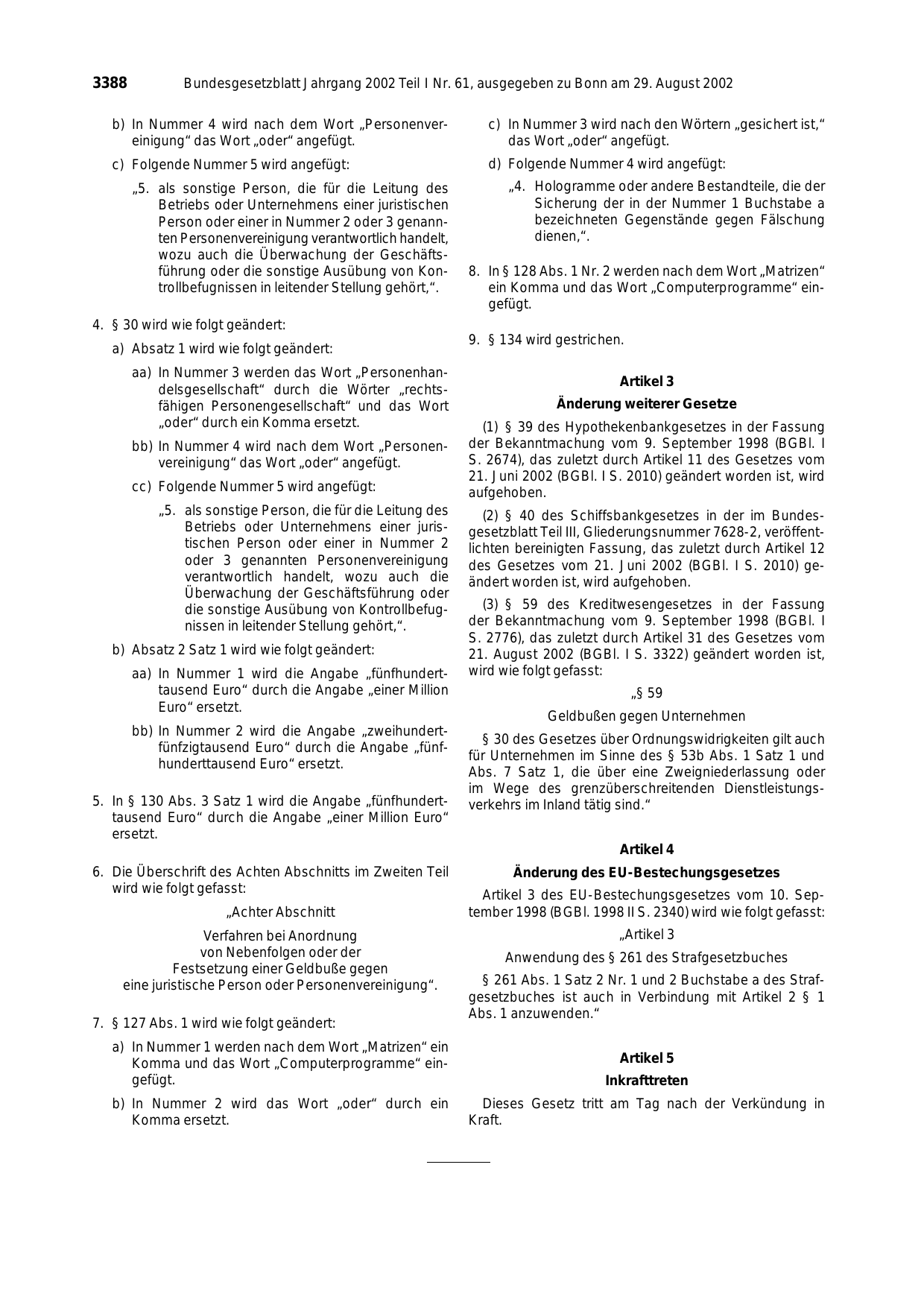 BGBl. 2002, Seite 3388 — Originalseite als Abbildung