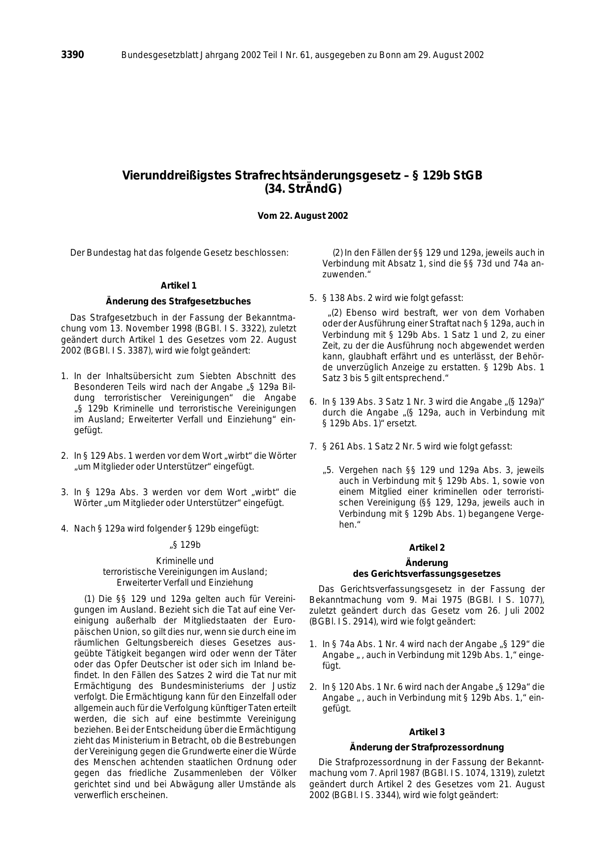 BGBl. 2002, Seite 3390 — Originalseite als Abbildung