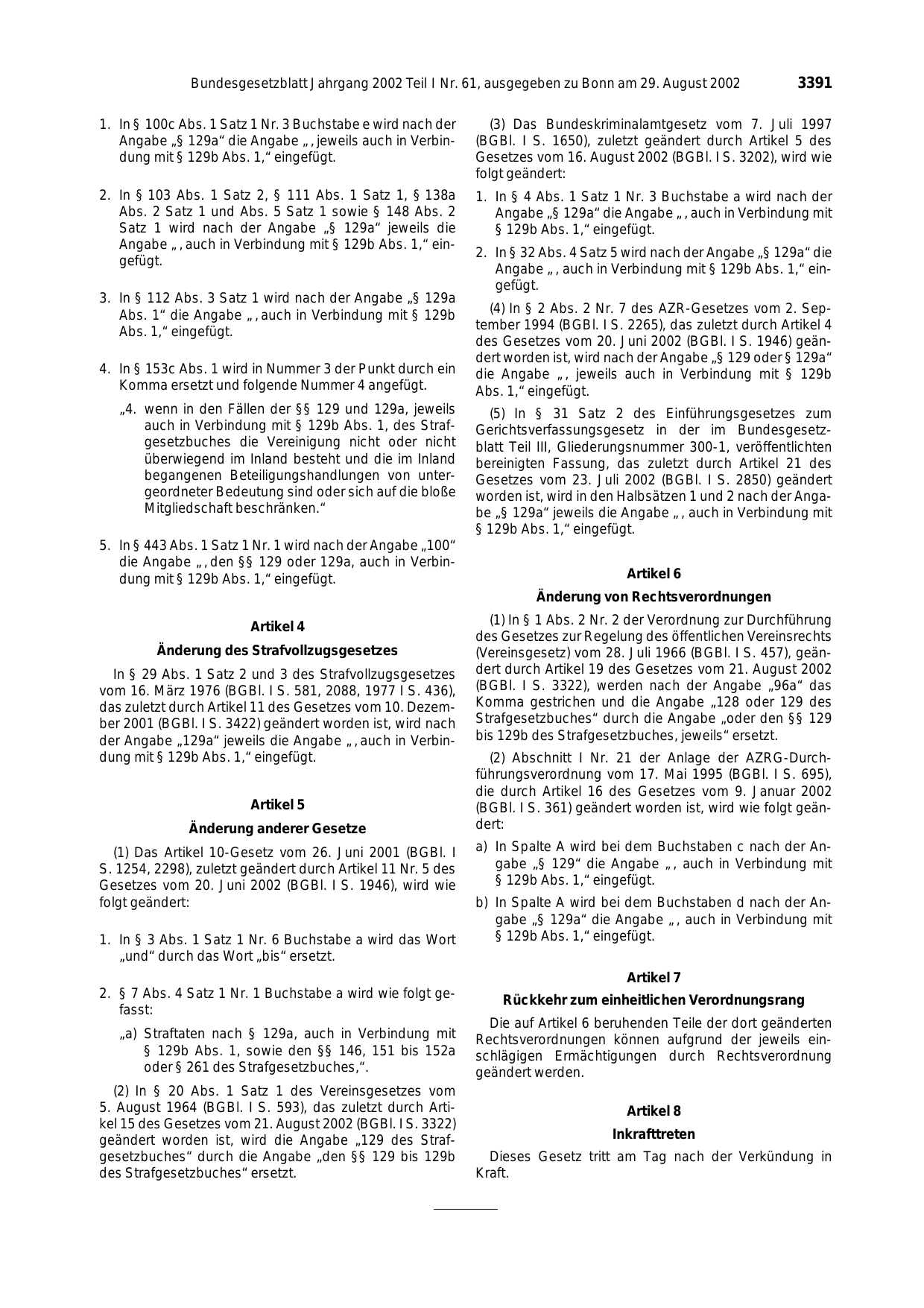 BGBl. 2002, Seite 3391 — Originalseite als Abbildung