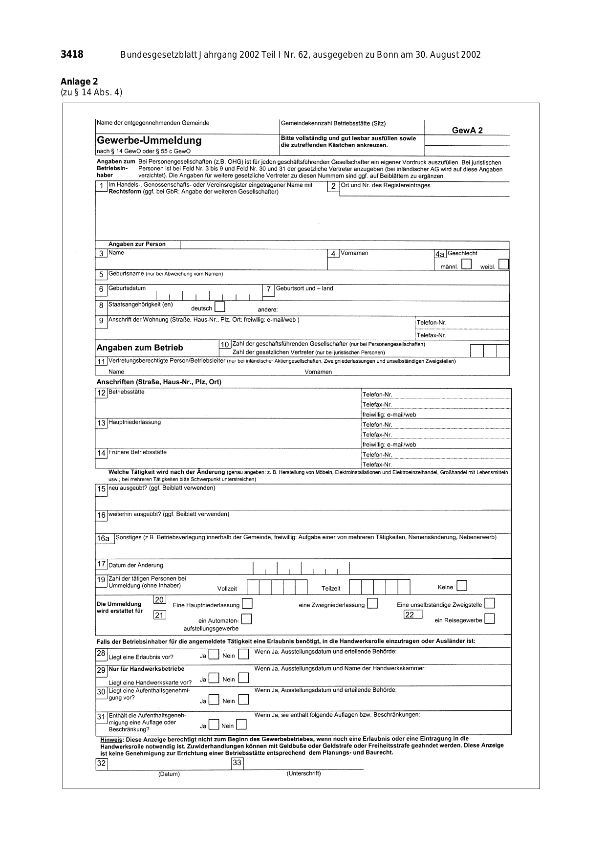 BGBl. 2002, Seite 3418 — Originalseite als Abbildung