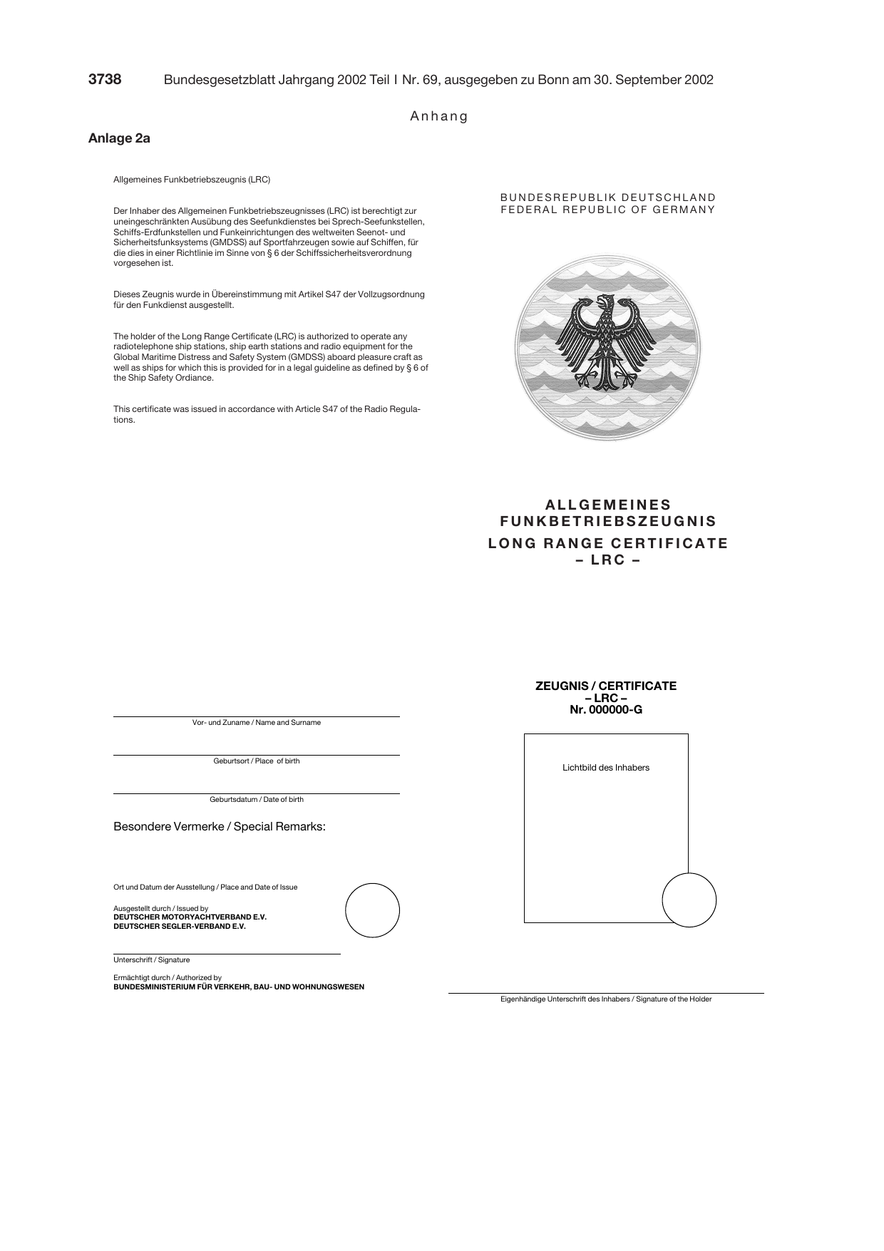 BGBl. 2002, Seite 3738 — Originalseite als Abbildung