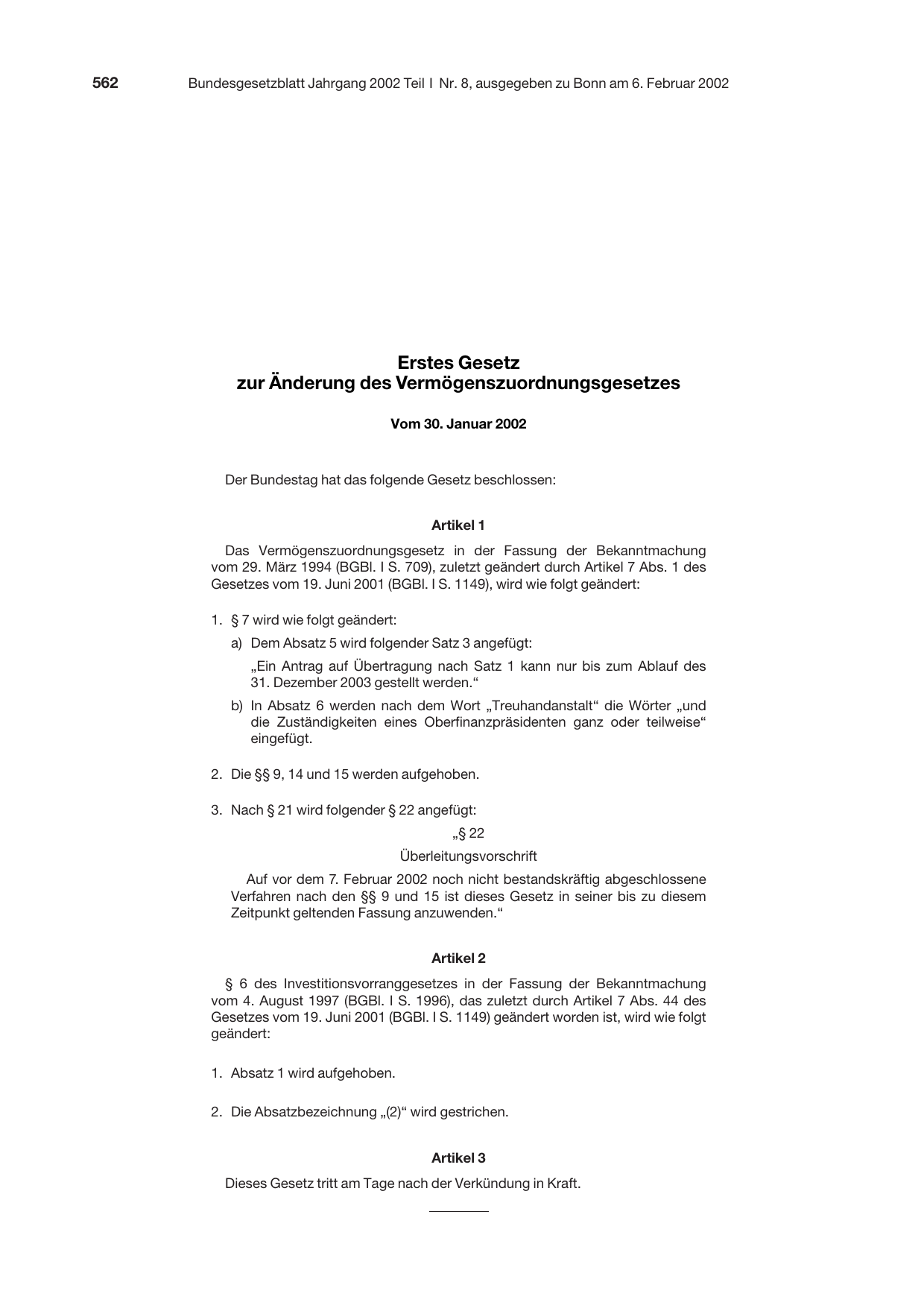 BGBl. 2002, Seite 562 — Originalseite als Abbildung