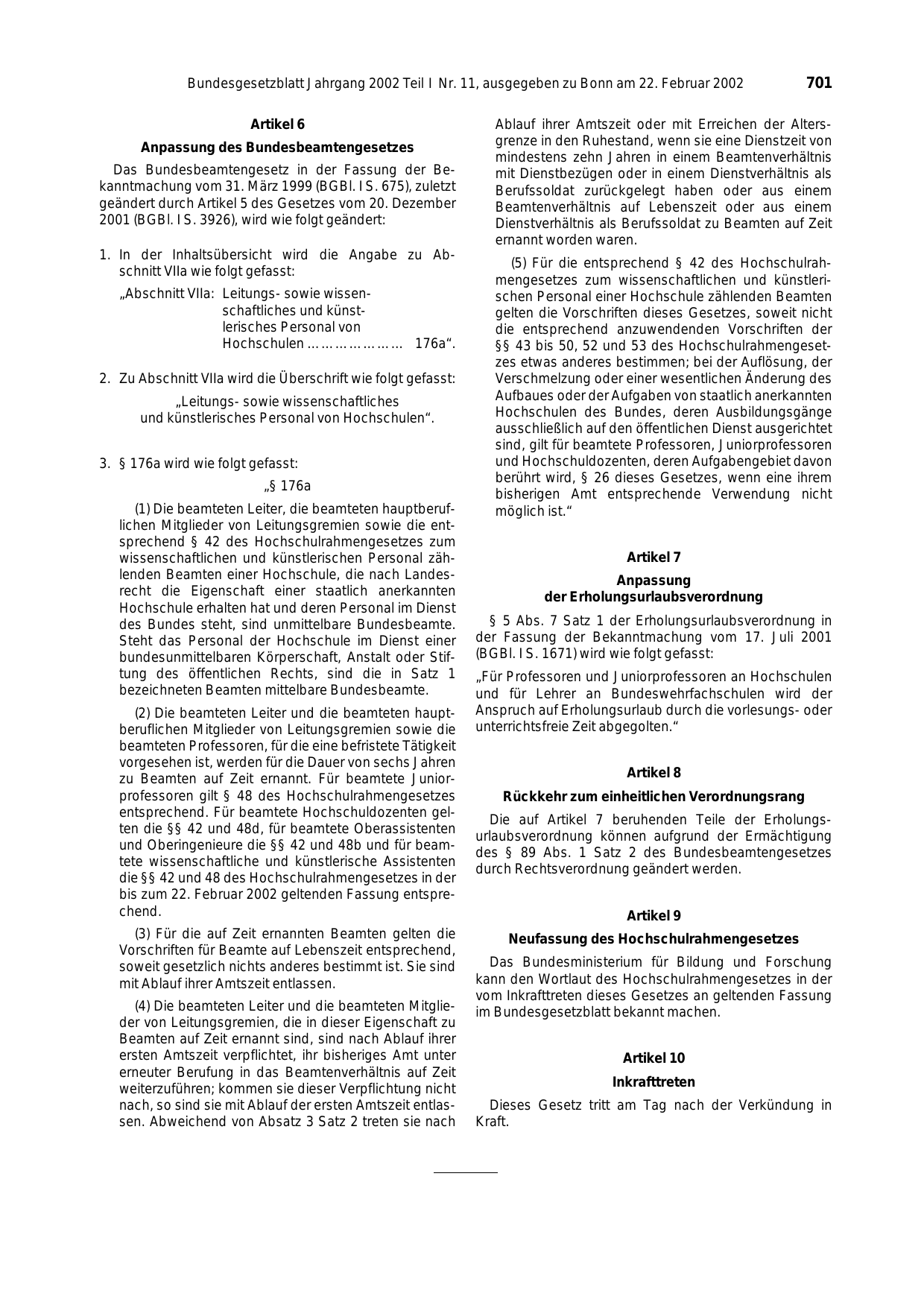 BGBl. 2002, Seite 701 — Originalseite als Abbildung