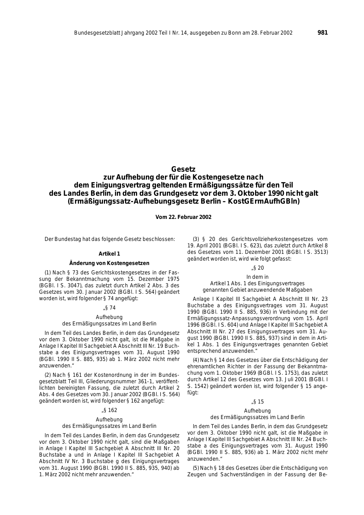 BGBl. 2002, Seite 981 — Originalseite als Abbildung