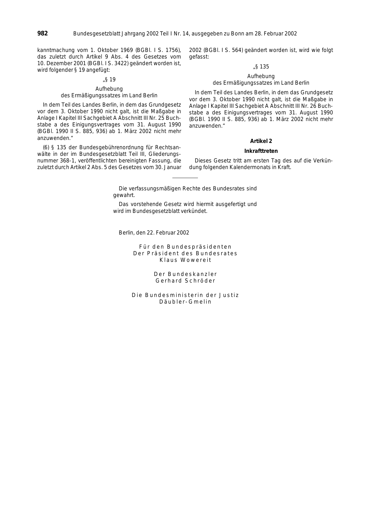 BGBl. 2002, Seite 982 — Originalseite als Abbildung