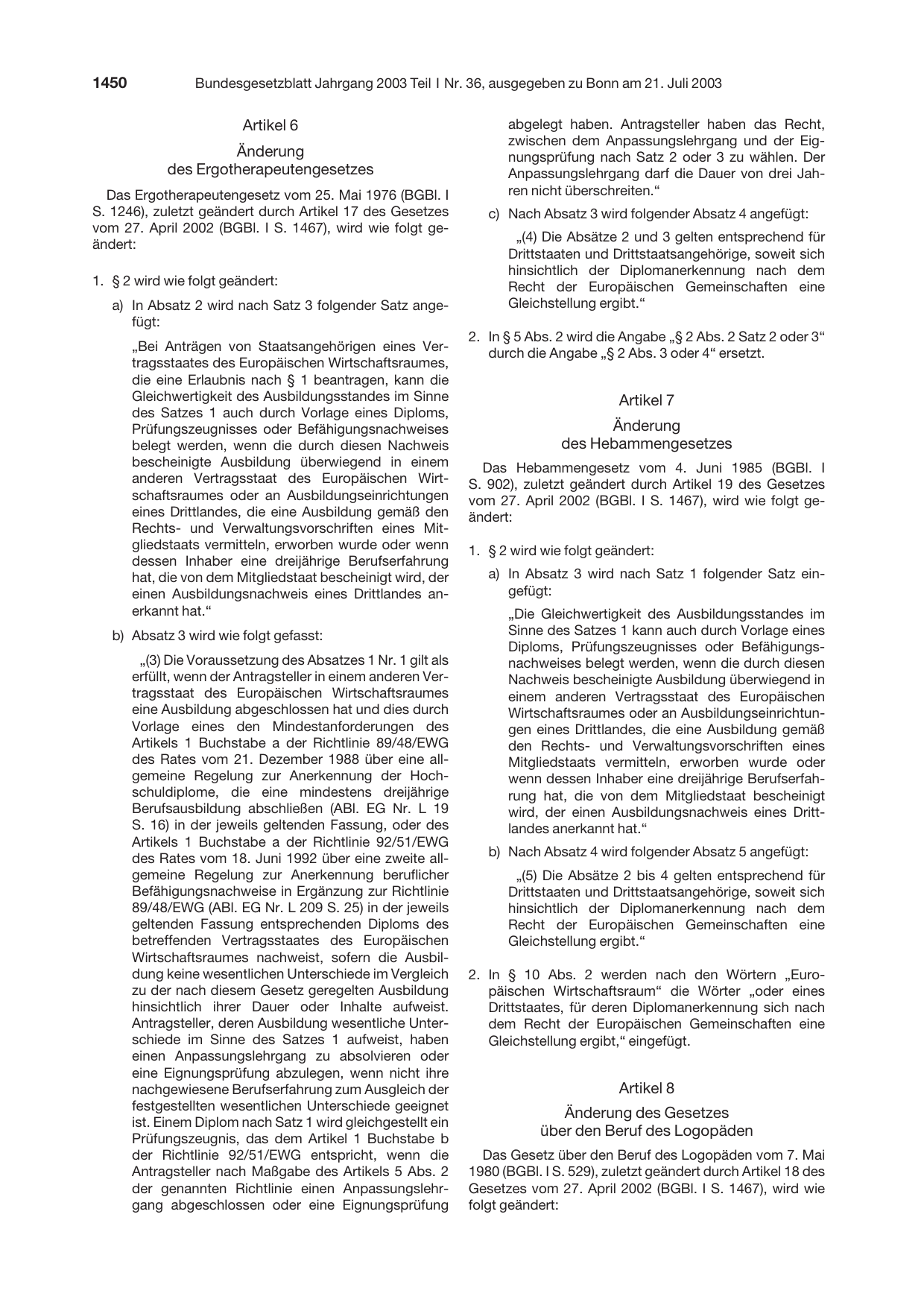 BGBl. 2003, Seite 1450 — Originalseite als Abbildung