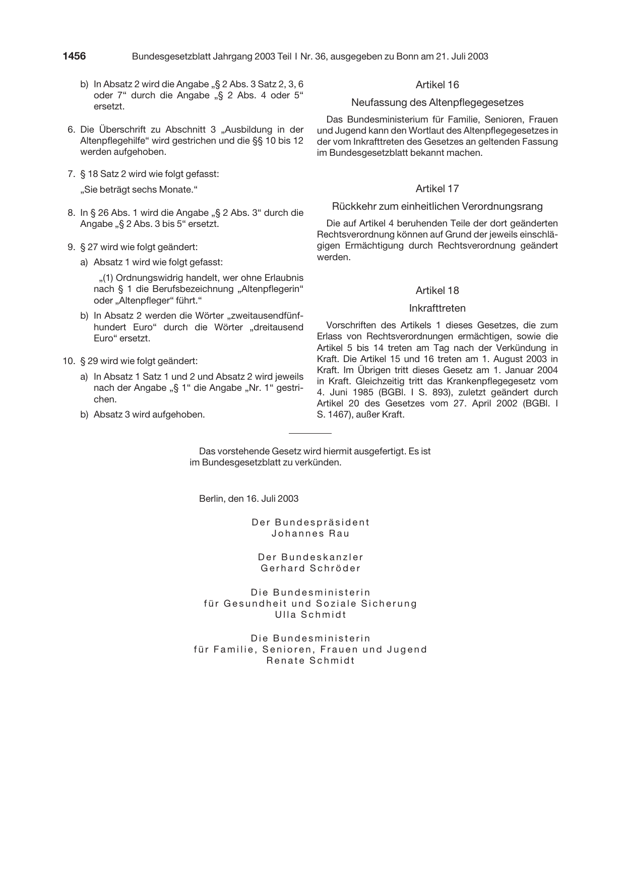 BGBl. 2003, Seite 1456 — Originalseite als Abbildung