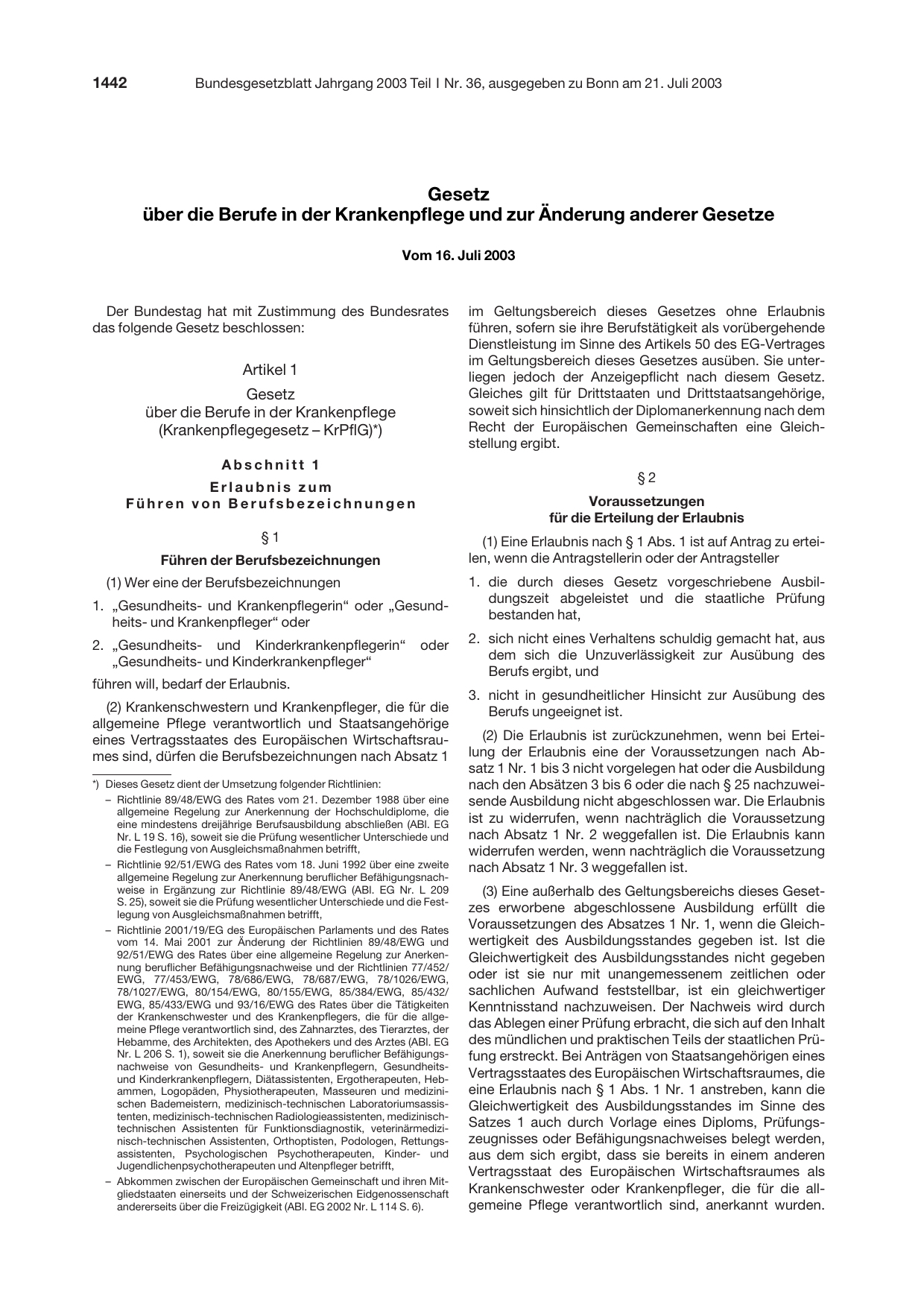 BGBl. 2003, Seite 1442 — Originalseite als Abbildung