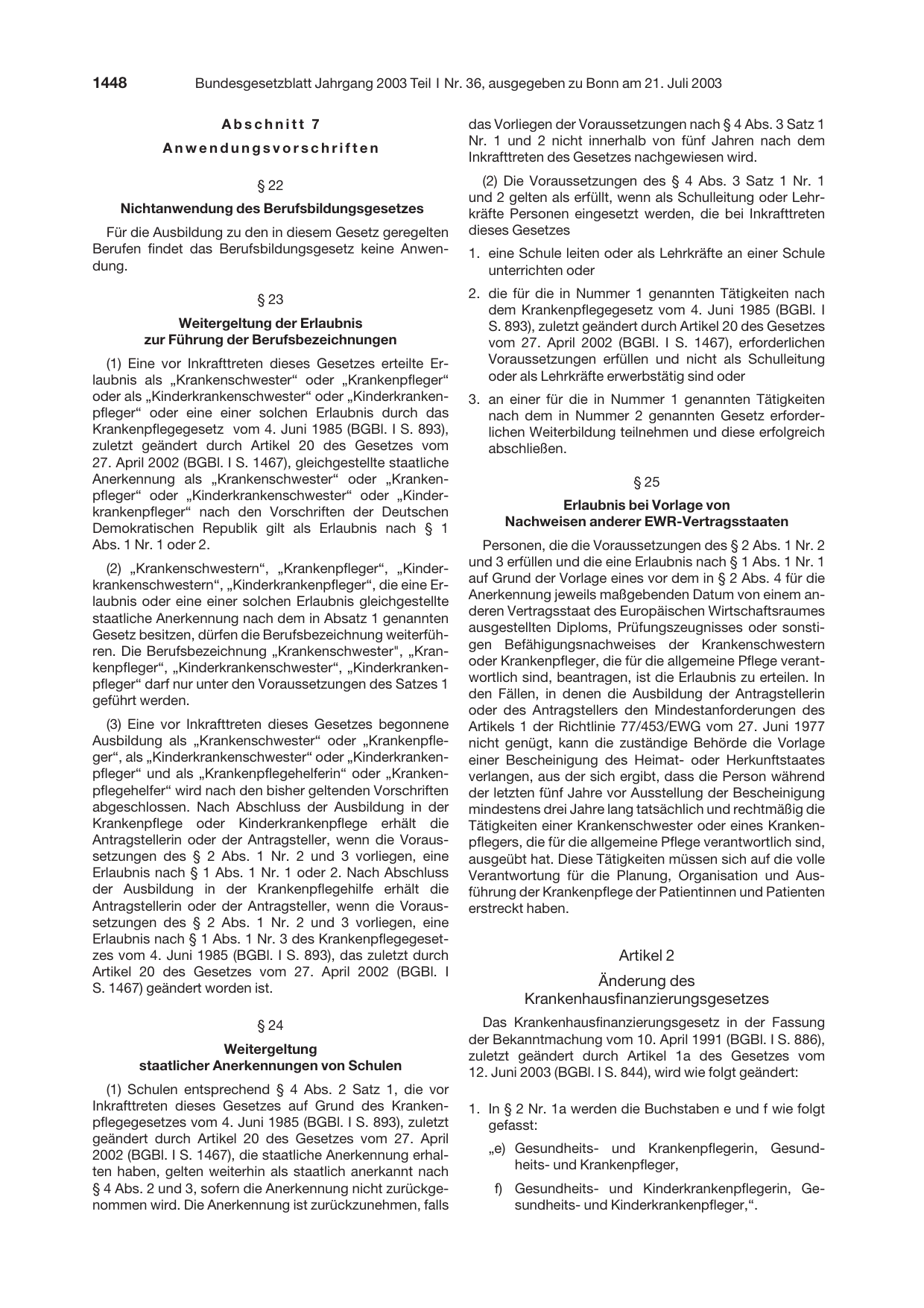 BGBl. 2003, Seite 1448 — Originalseite als Abbildung